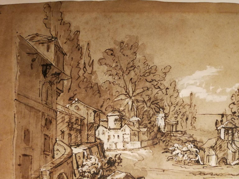 Veneto School, Landscape, end of 18th, ink wash and white lead on paper, signed - Brown Landscape Art by Unknown