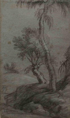 Attribué à G Dughet Landscape Drawing 17 century crayon blanc plombé papier au crayon