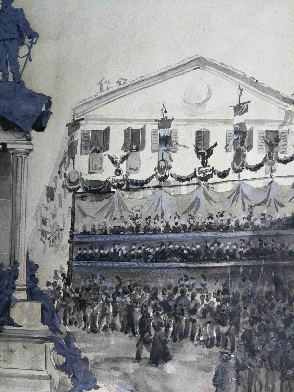 This drawing represents the grand opening of the monument dedicated to Victor Emmanuel II, the first king of Italy, that happened in Turin on September 9, 1899, twenty years after his death.
It was wanted by his son, King Umberto I and made by the