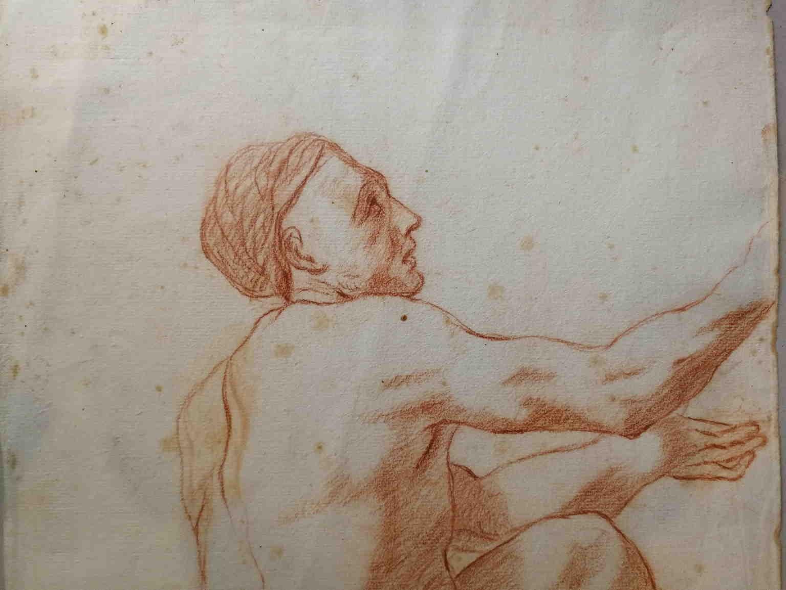 Ce dessin, sanguin sur papier, représente un homme, représenté de dos, le bras levé dans un geste de supplication ou de revendication. 

D'après la provenance et les similitudes avec la feuille et le filigrane, nous pouvons vraisemblablement