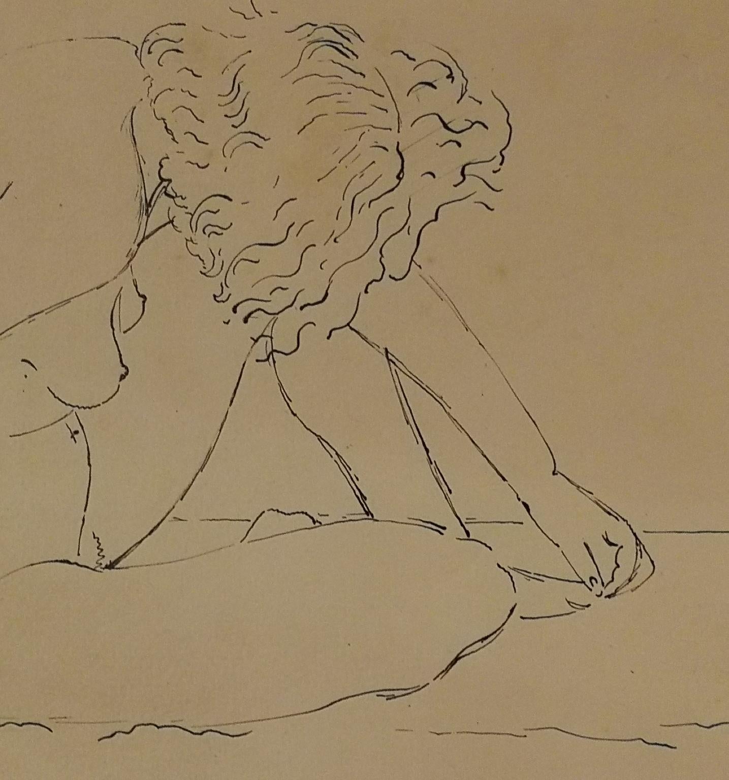 Die Zeichnung, die in der rechten unteren Ecke mit Colacicchi signiert ist, ist eine Studie einer nackten Frau mit Tusche auf Papier, die dargestellt ist, während sie sich auf sich selbst faltet, wobei der Kopf nach unten liegt und ihre Zehen