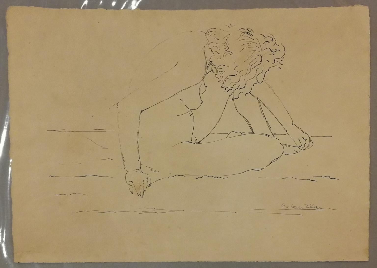 The drawing, signed at the right bottom corner Colacicchi, is a ink on paper study of a Nude lady, portrayed while she’s folding on herself, with the head laying down, touching her toe.
It can be referred to the studies for the 