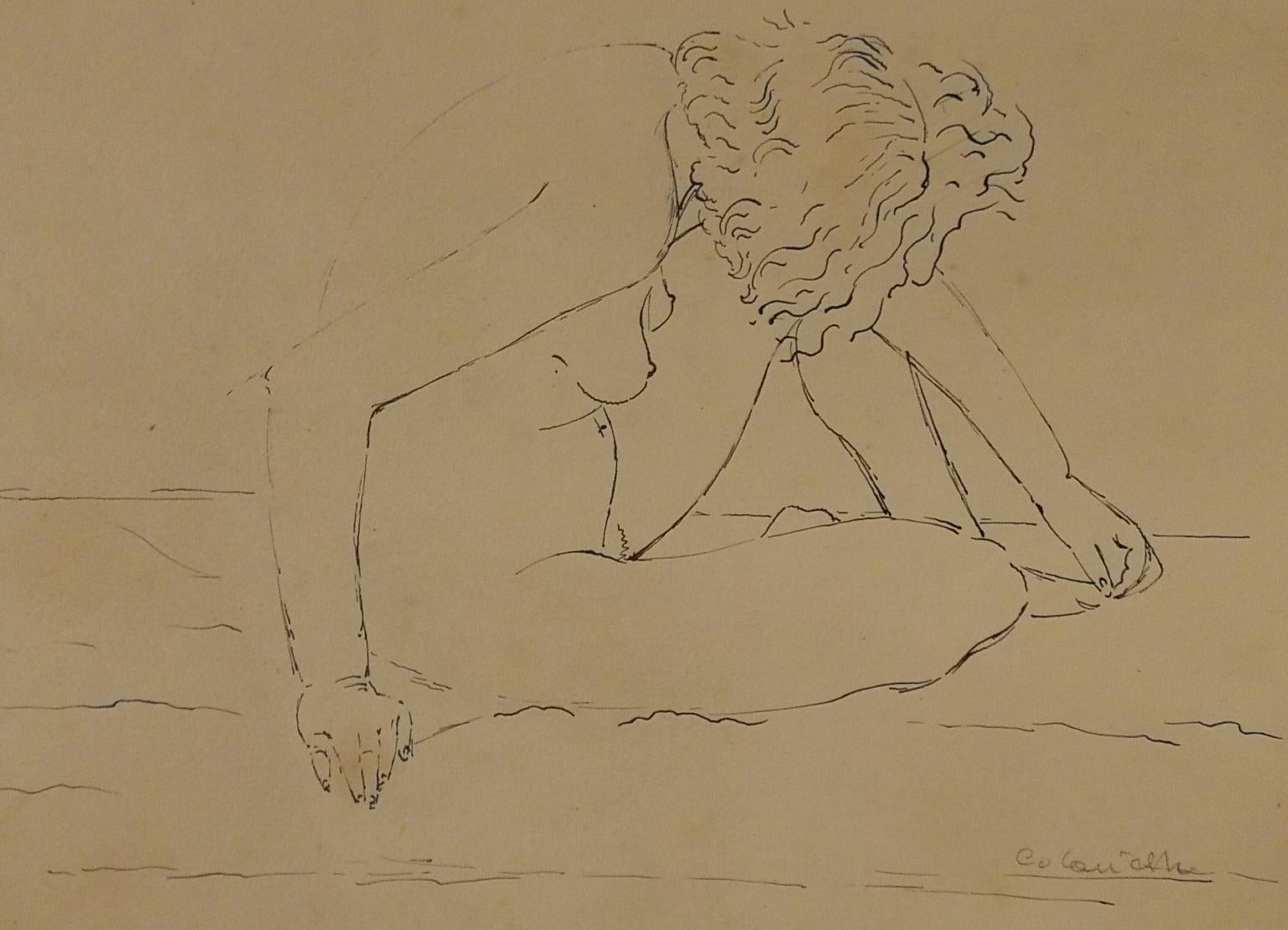 Signiert Giovanni Colacicchi Nackte Zeichnung mit Tusche auf Papier, Mitte des 20. Jahrhunderts  im Angebot 1