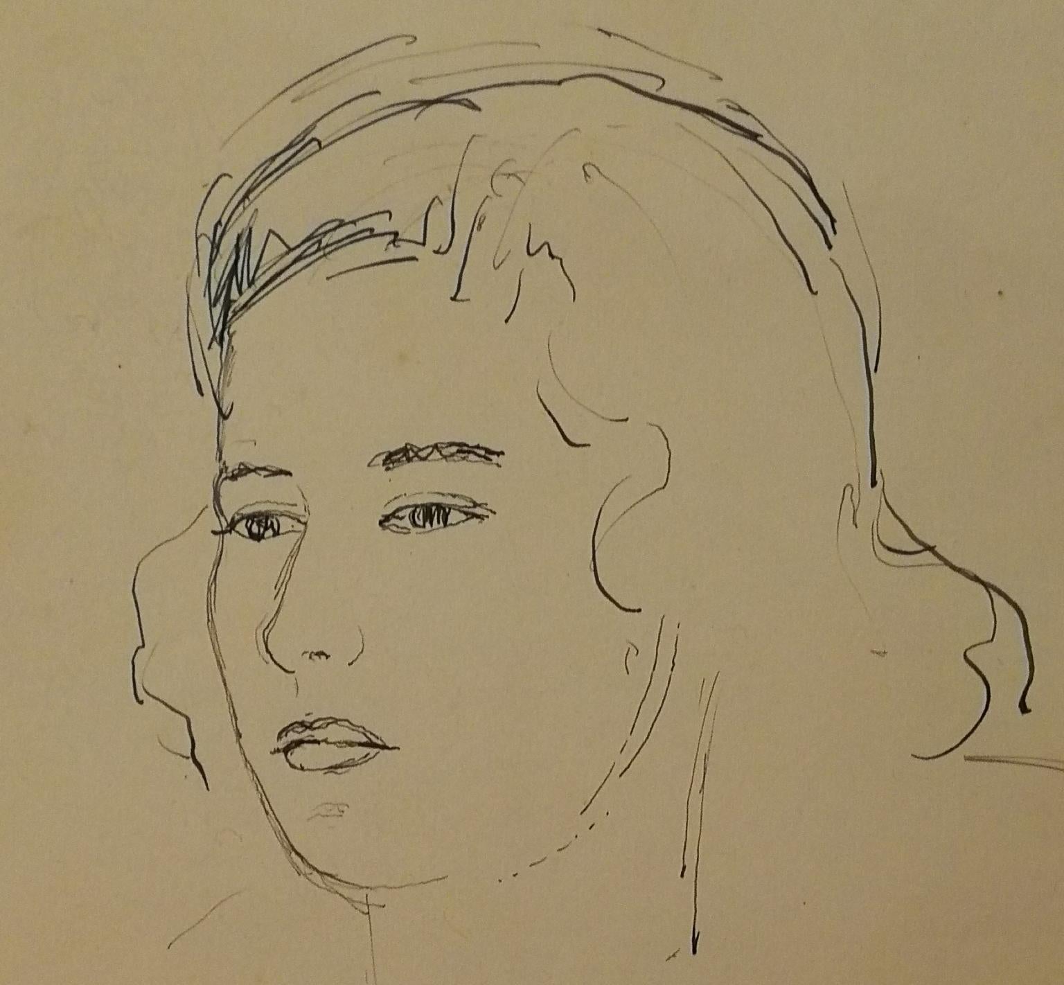 Signed Giovanni Colacicchi Female Portrait 1950s pencil pen on paper 