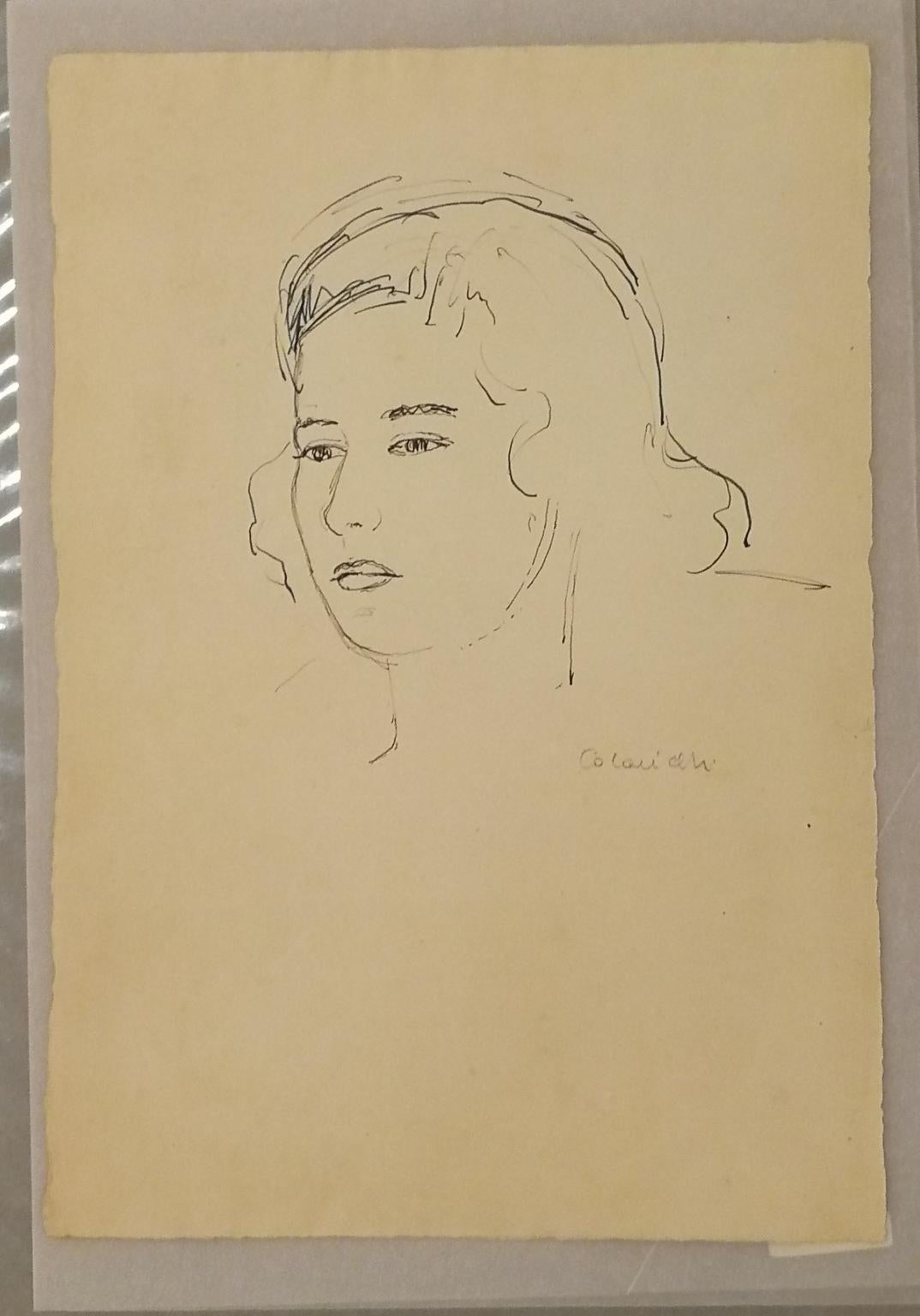 The drawing, signed at the right Colacicchi, is a pen and pencil on paper portrait of a gloomy lady with vaporous hair.
It belongs to the 1950s during the time that Colacicchi had a school for students from abroad.