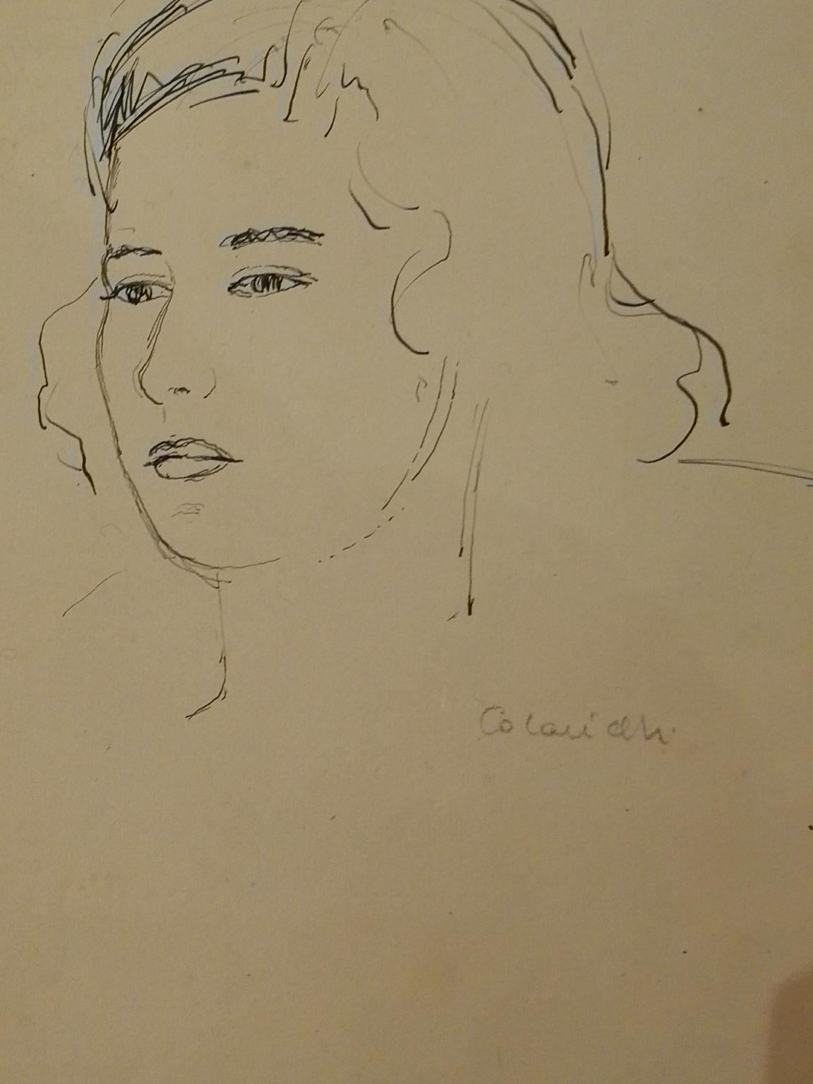 Signed Giovanni Colacicchi Female Portrait 1950s pencil pen on paper  For Sale 1