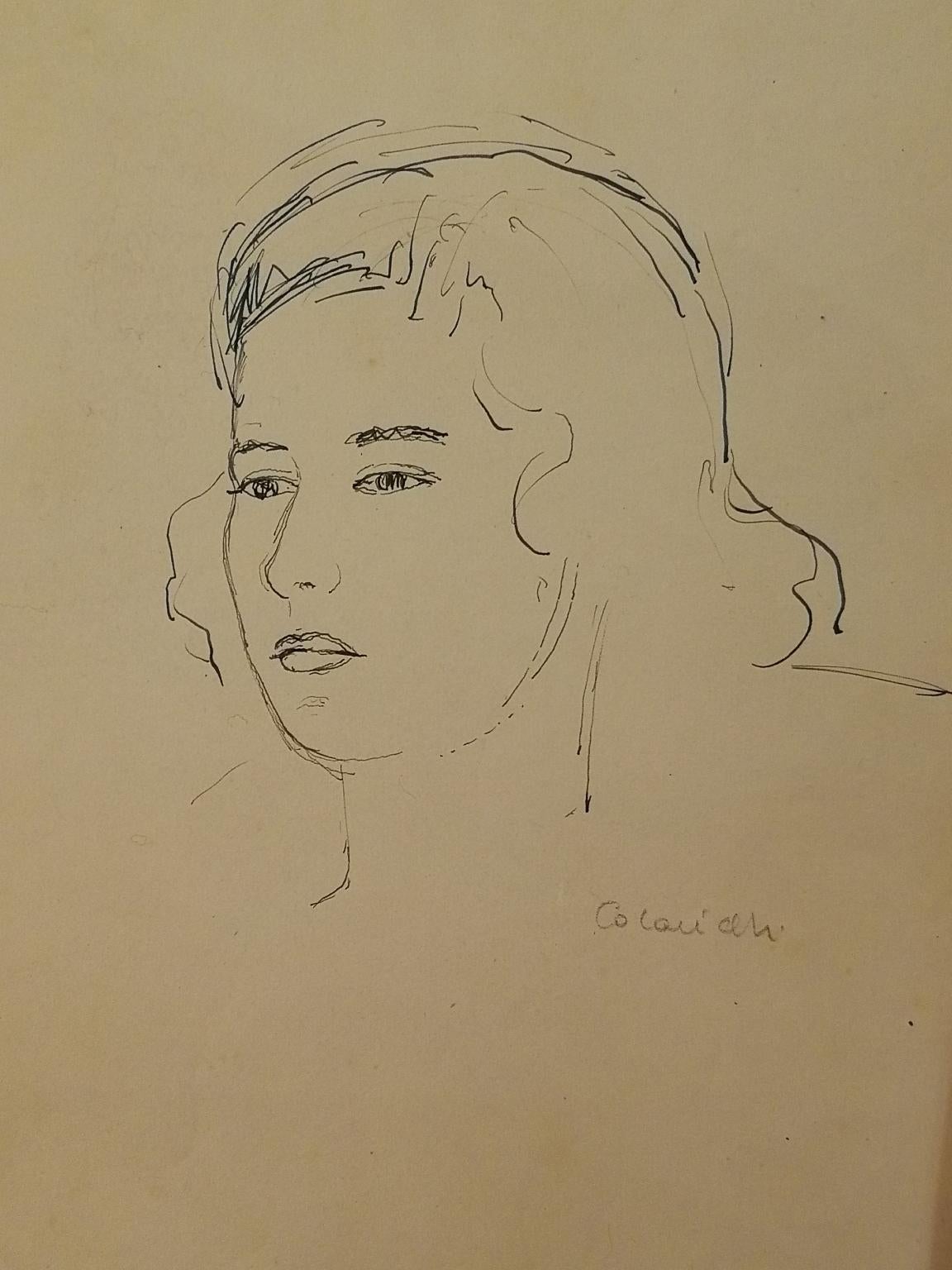 Signed Giovanni Colacicchi Female Portrait 1950s pencil pen on paper  For Sale 2