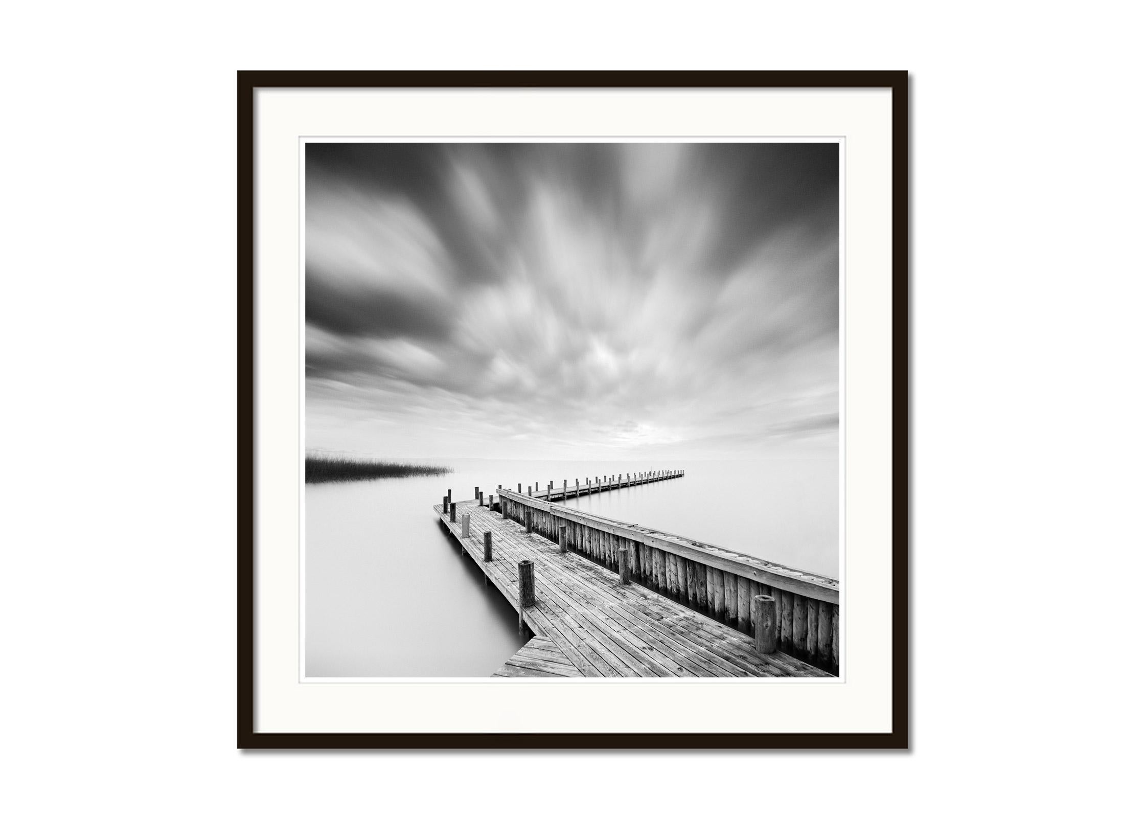 Wood Pier, Lake, Storm, Austria, black and white fine art photography landscapes - Gray Black and White Photograph by Gerald Berghammer