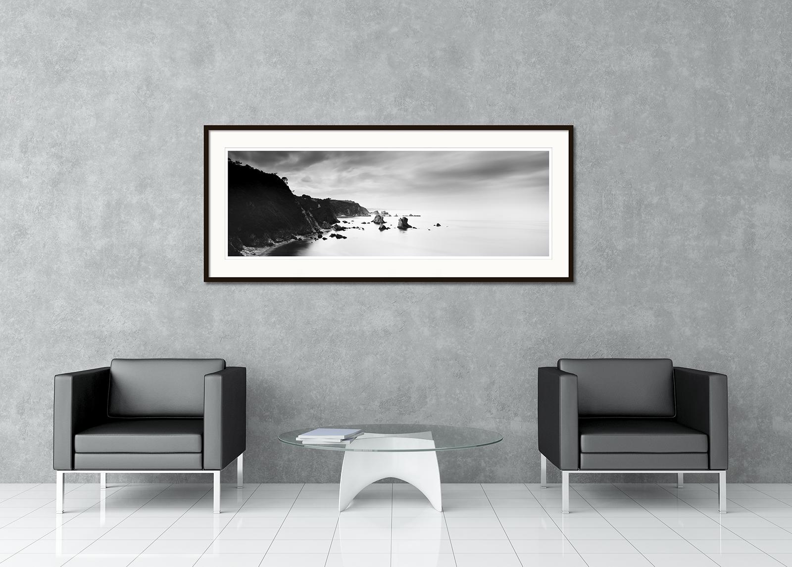 Stormy Coast Panorama, Spain, contemporary black and white photography landscape - Gray Black and White Photograph by Gerald Berghammer