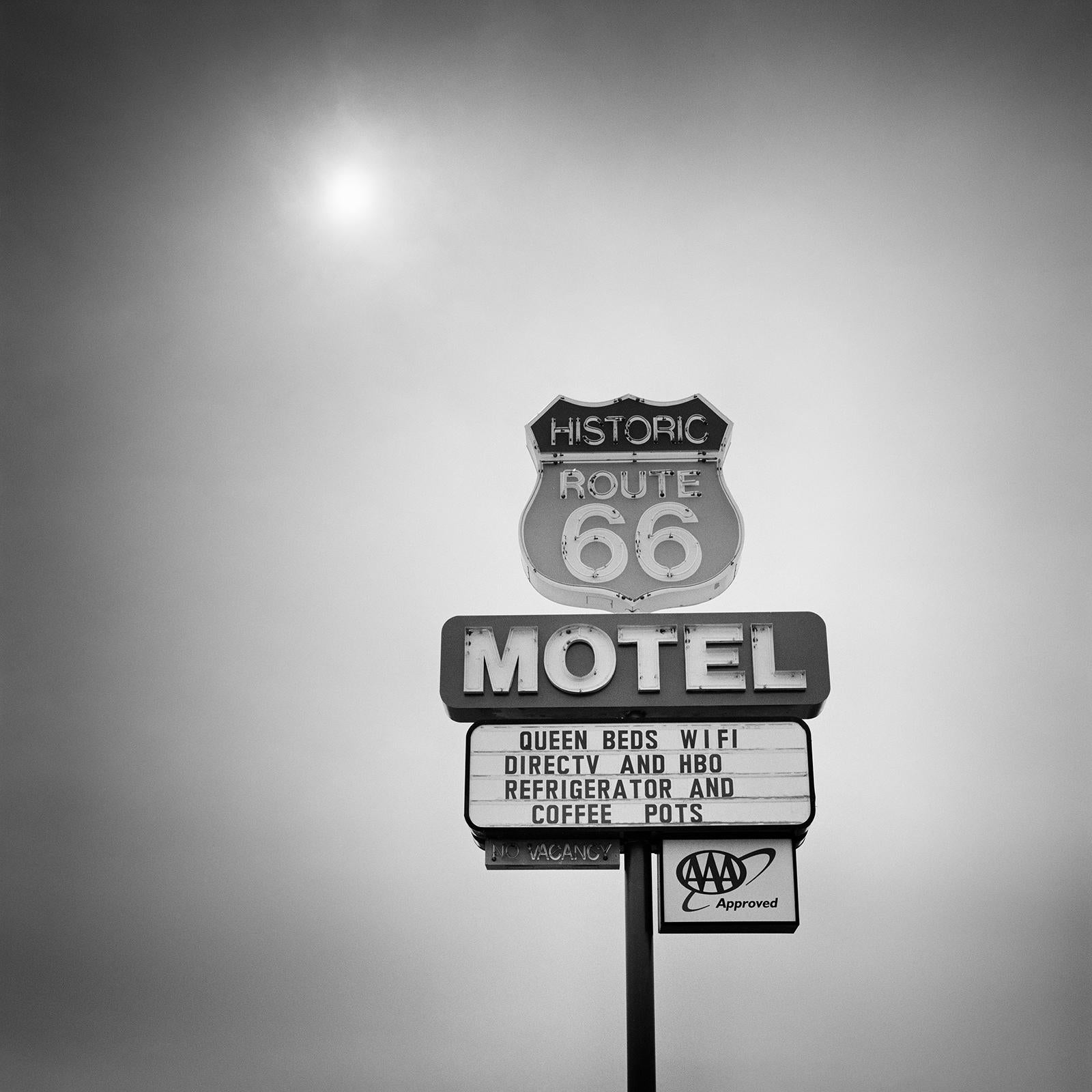 Gerald Berghammer Landscape Photograph - Historic Route 66 Motel, Arizona, USA, black and white fine art film photography
