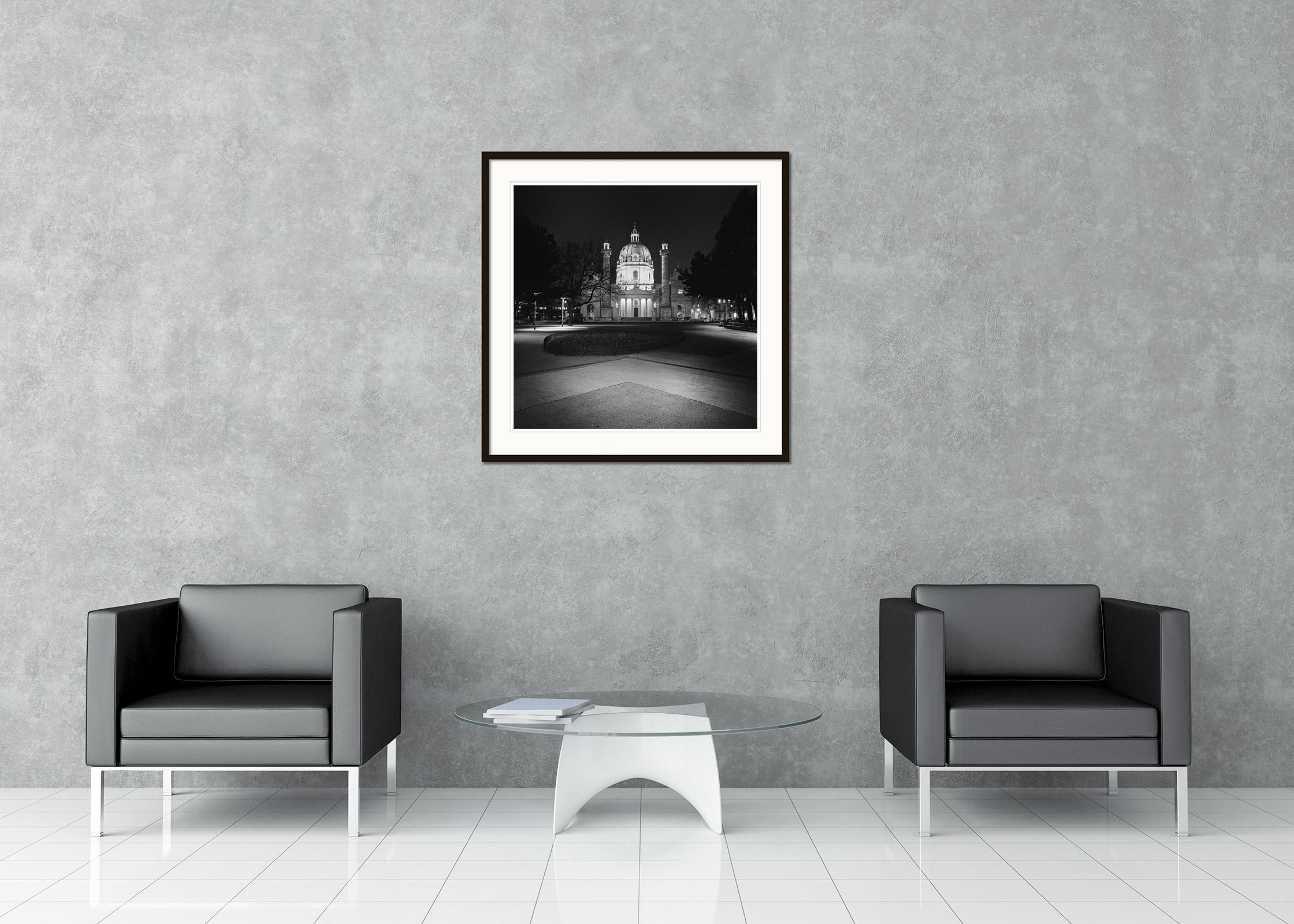 Wiener Karlskirche Night, Vienna, black and white photography, landscape - Contemporary Photograph by Gerald Berghammer