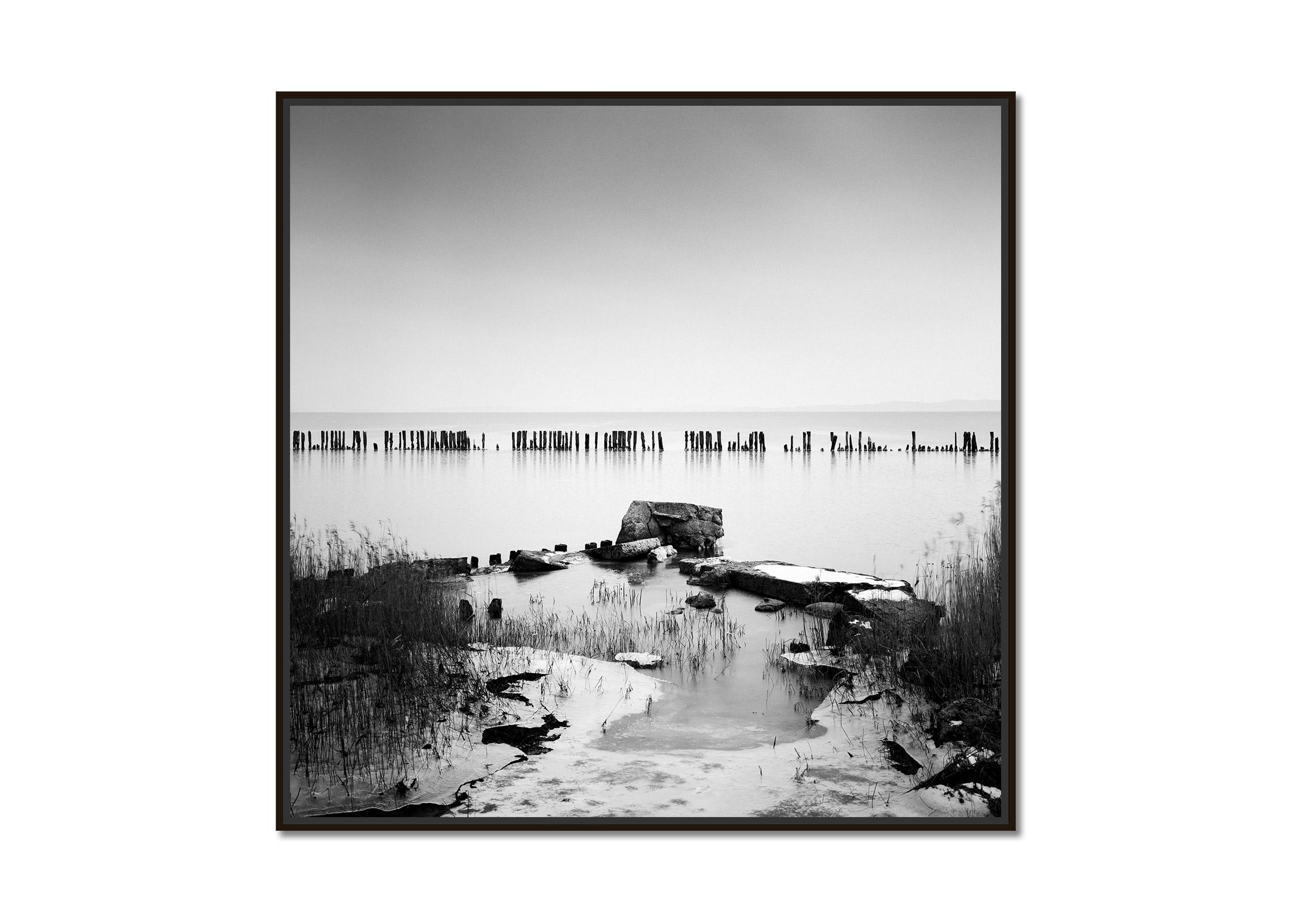 Behind the Fence, monochrome, black and white, seascape, limited edition print - Photograph by Gerald Berghammer