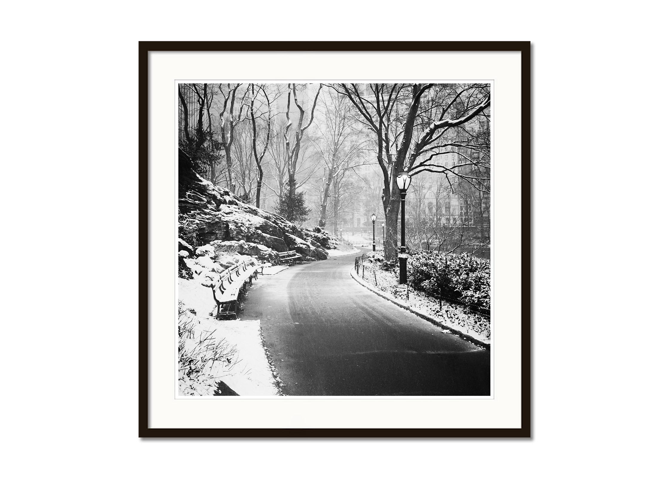 Snow covered Central Park, New York City, black and white photography cityscapes - Gray Black and White Photograph by Gerald Berghammer