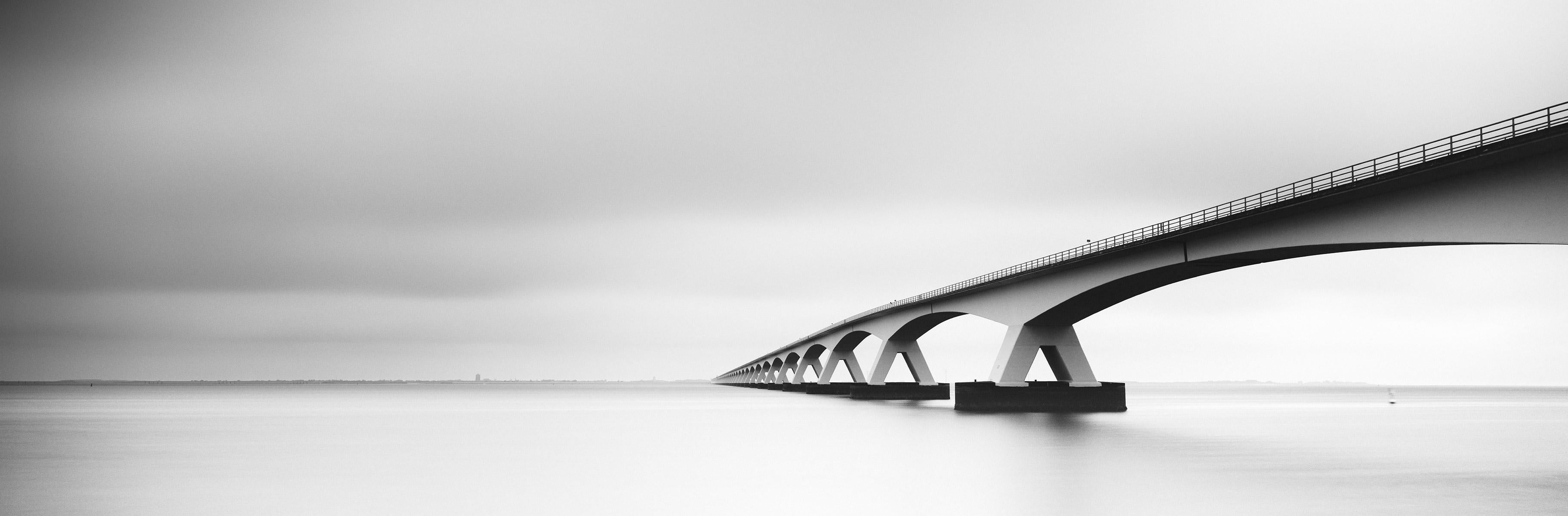Gerald Berghammer Landscape Photograph - Bridge Panorama, Zeeland, Netherlands, black and white art landscape photography