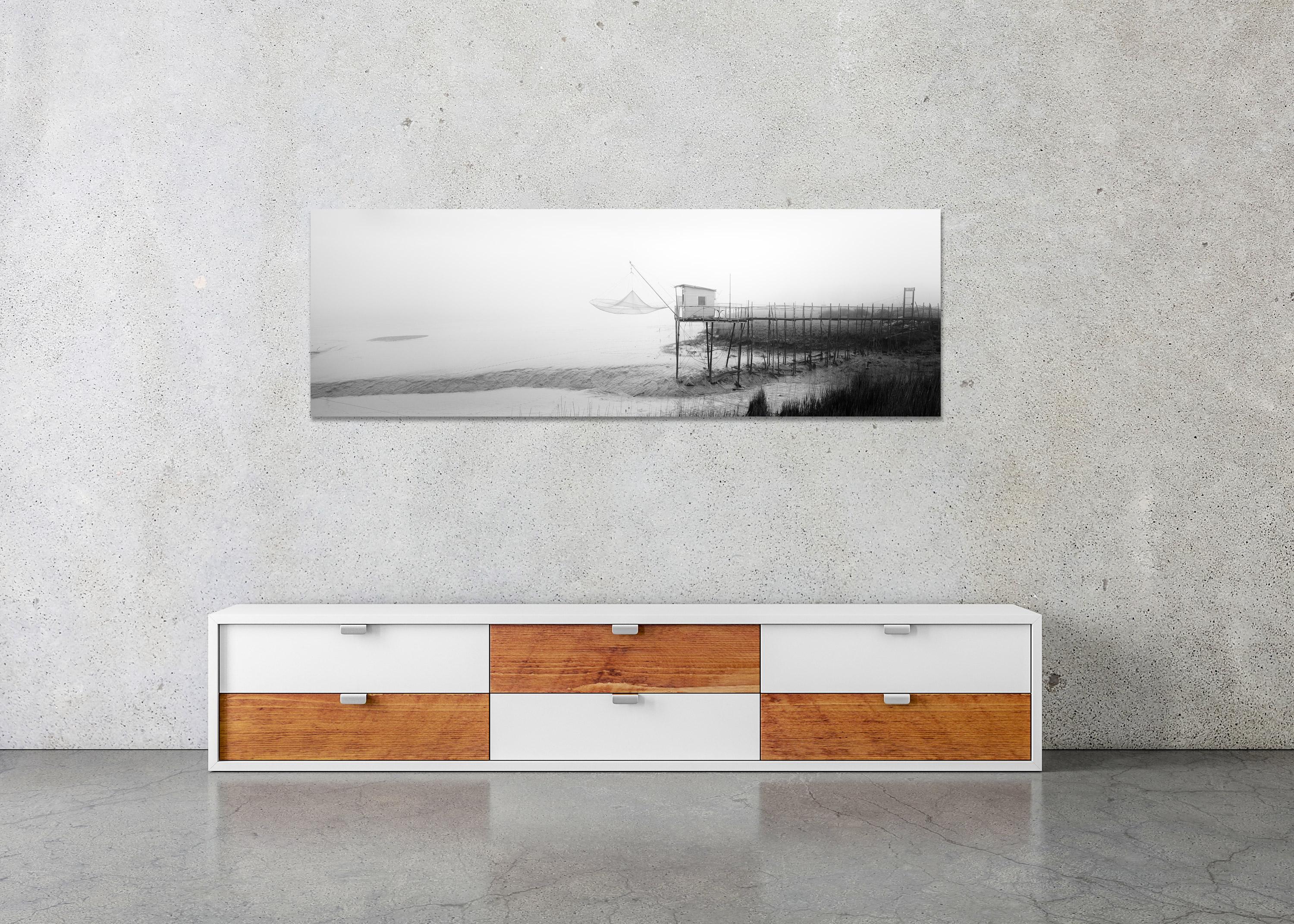 Foggy Stilt House Panorama, France, black and white art photography, landscape For Sale 1