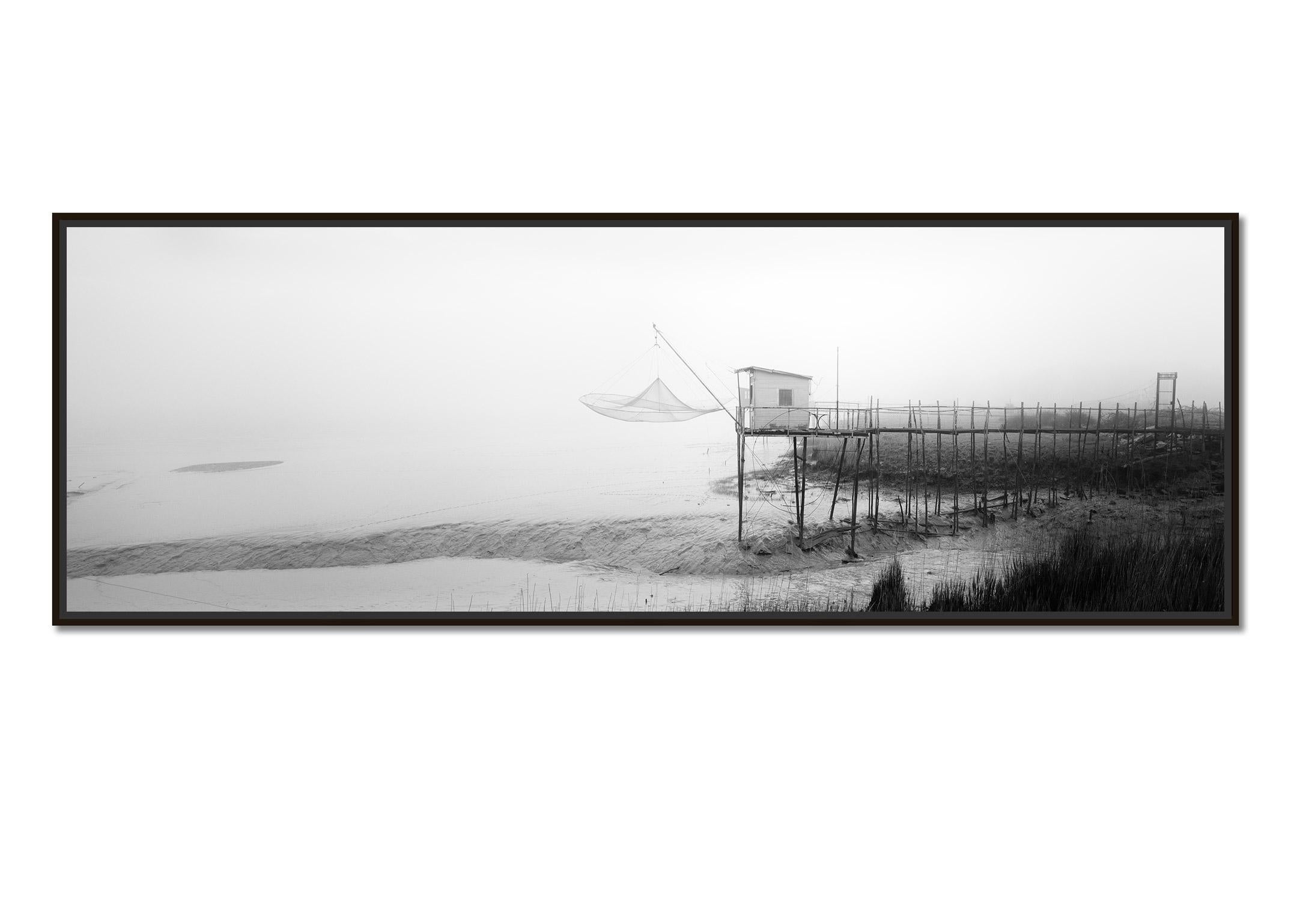 Foggy Stilt House Panorama, France, black and white art photography, landscape - Photograph by Gerald Berghammer