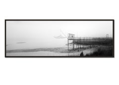 Foggy Stilt House Panorama, France, black and white art photography, landscape