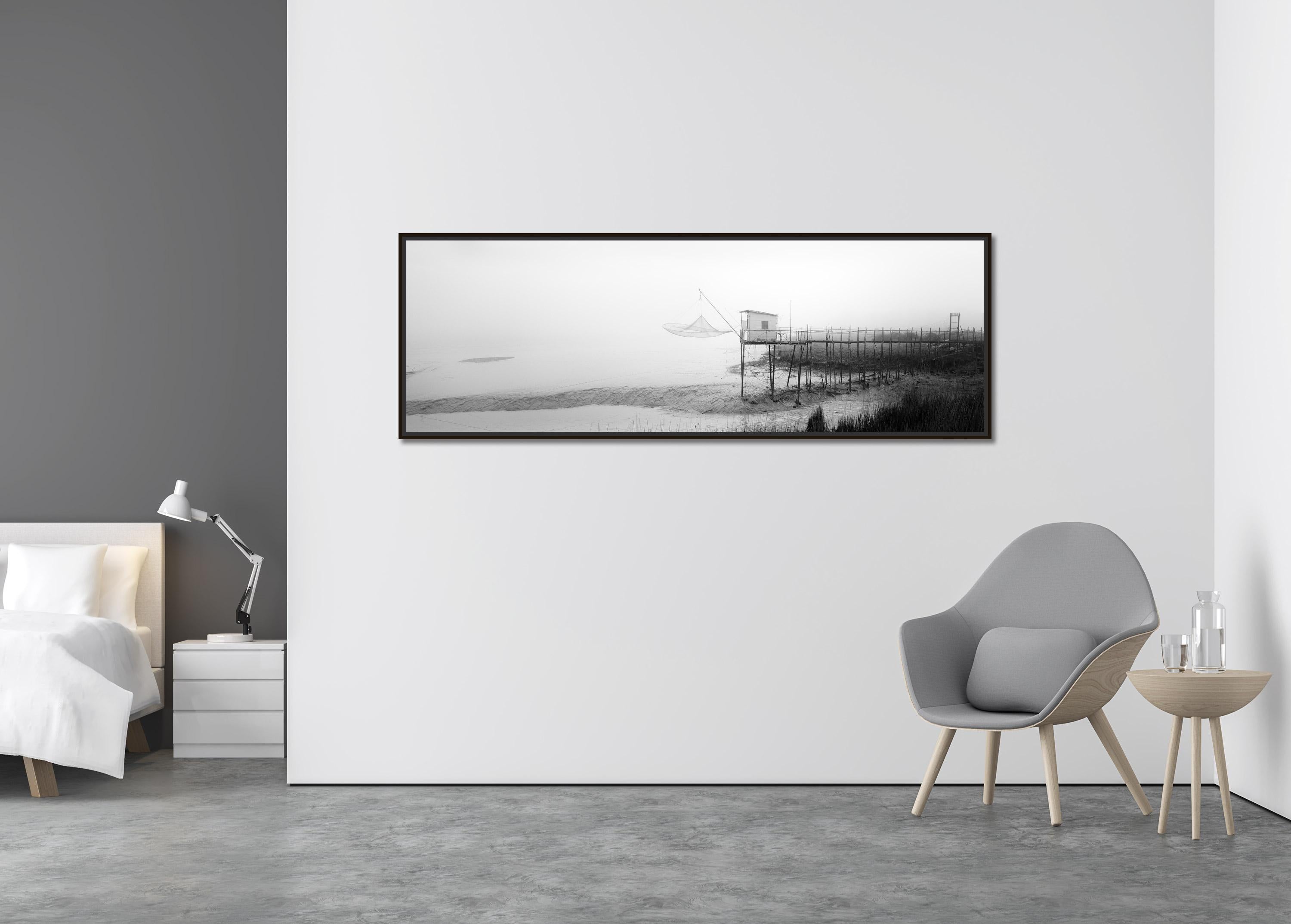 Foggy Stilt House Panorama, France, black and white art photography, landscape - Contemporary Photograph by Gerald Berghammer