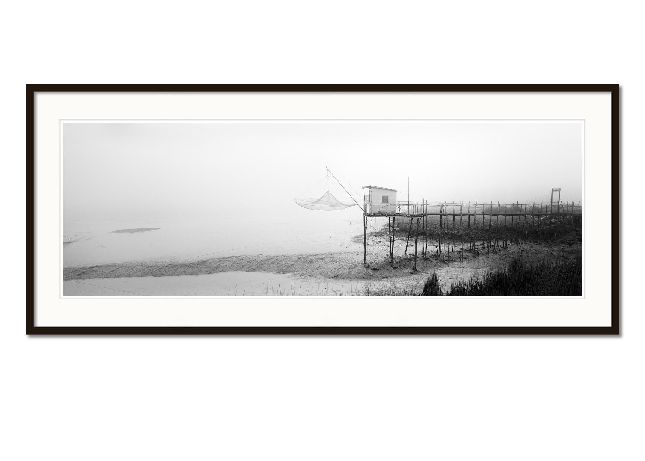 Foggy Stilt House Panorama, France, black and white art photography, landscape - Gray Black and White Photograph by Gerald Berghammer