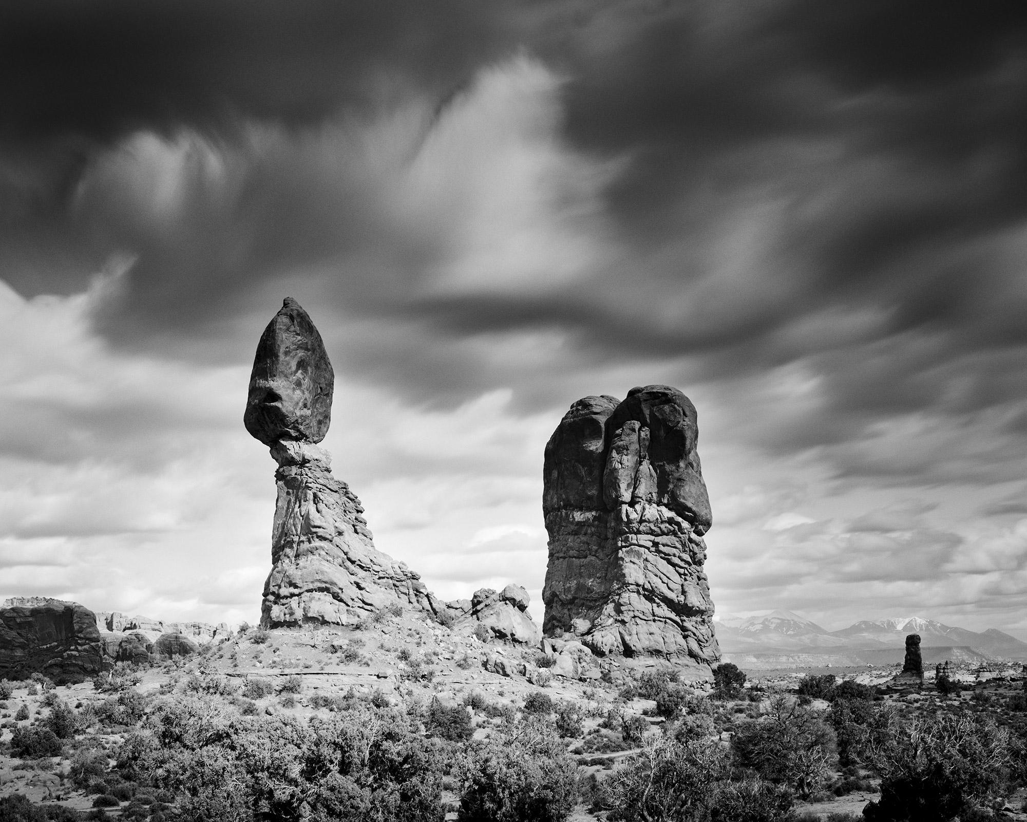 Balanced Rock, Arches National Park, black and white photography, landscape