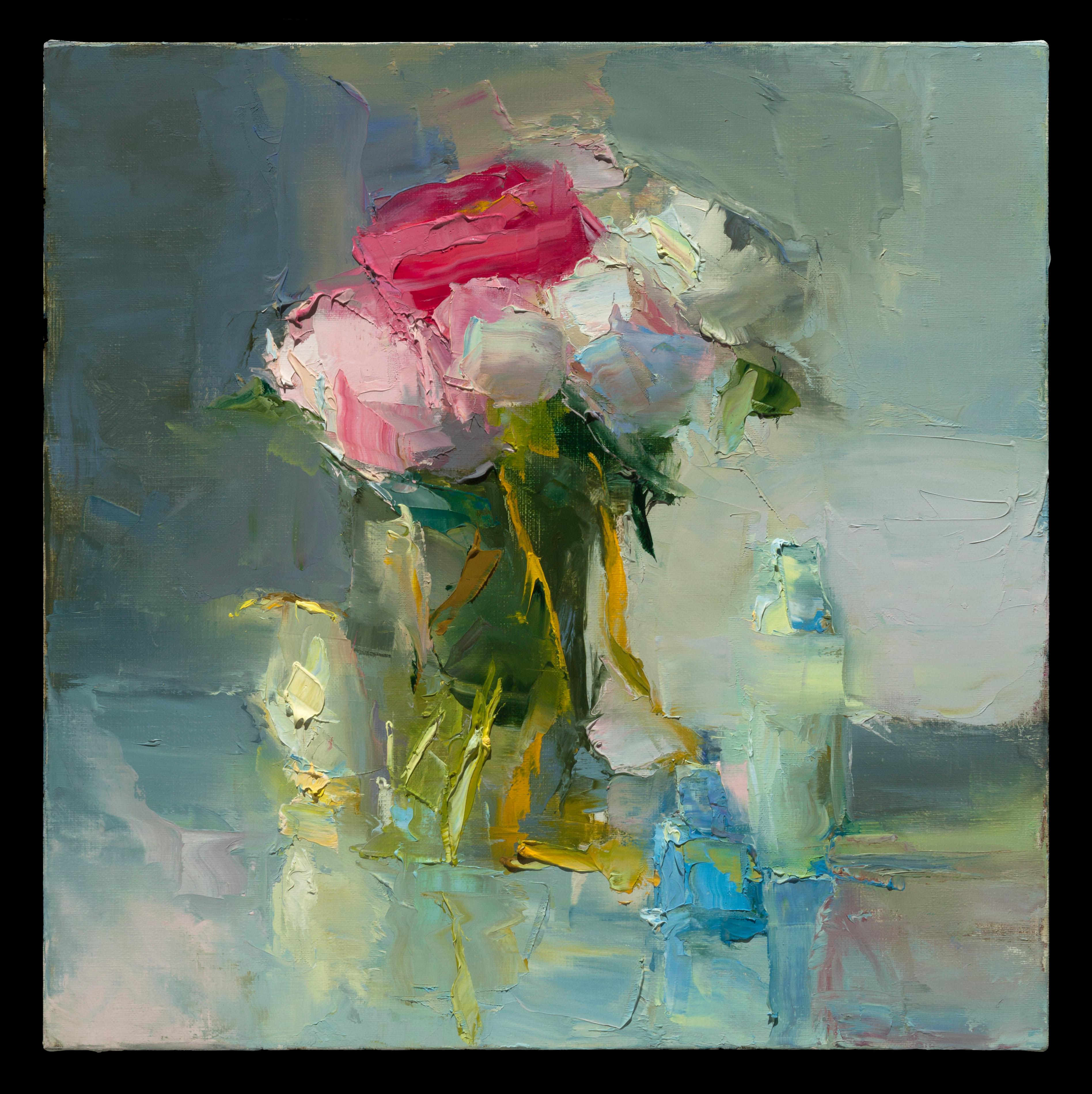 Christine Lafuente Still-Life Painting - Peonies, Creamer, and Blue Bottles 