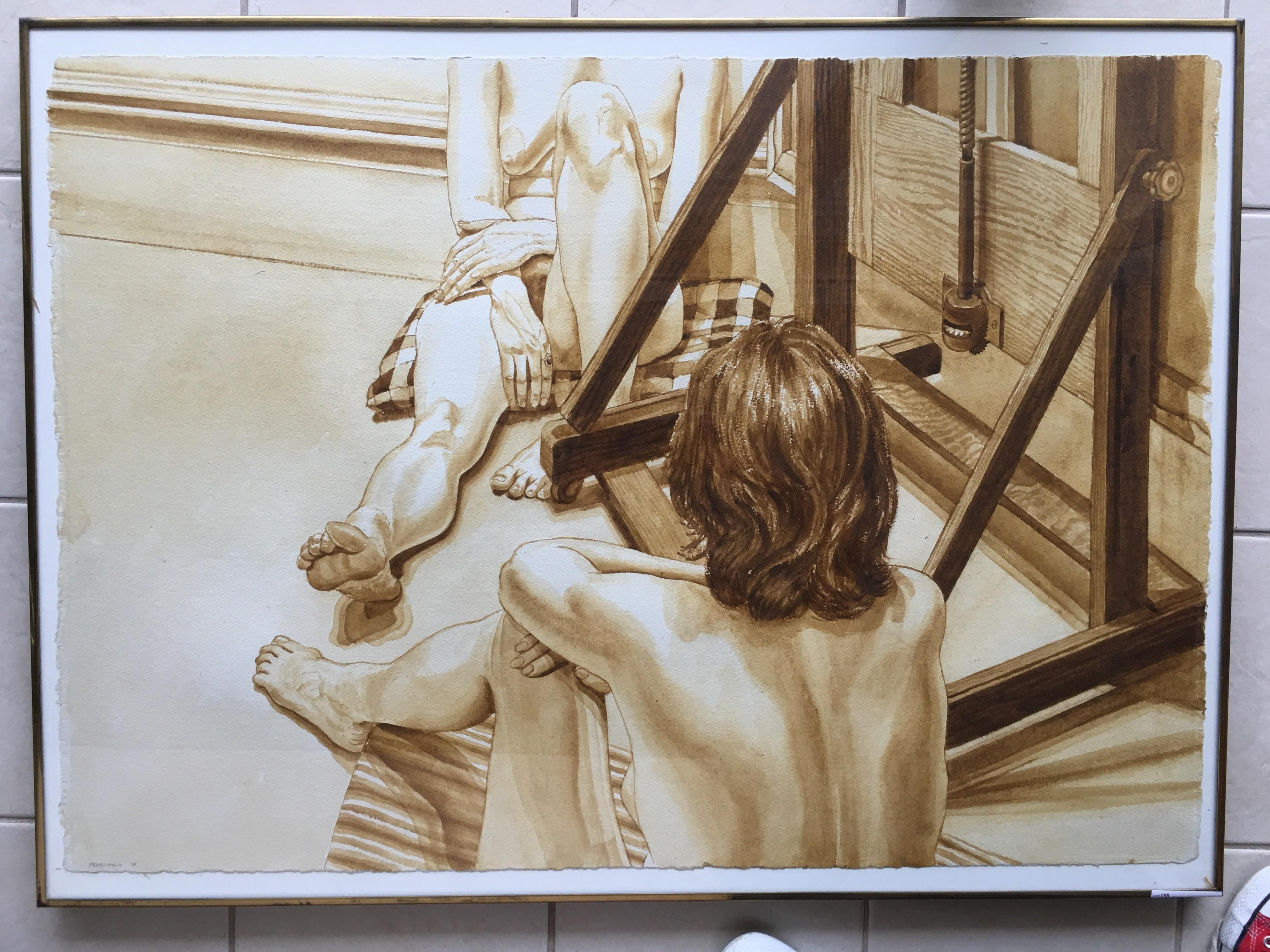 Two Female Models Facing Easel - Gray Nude Painting by Phillip Pearlstein 