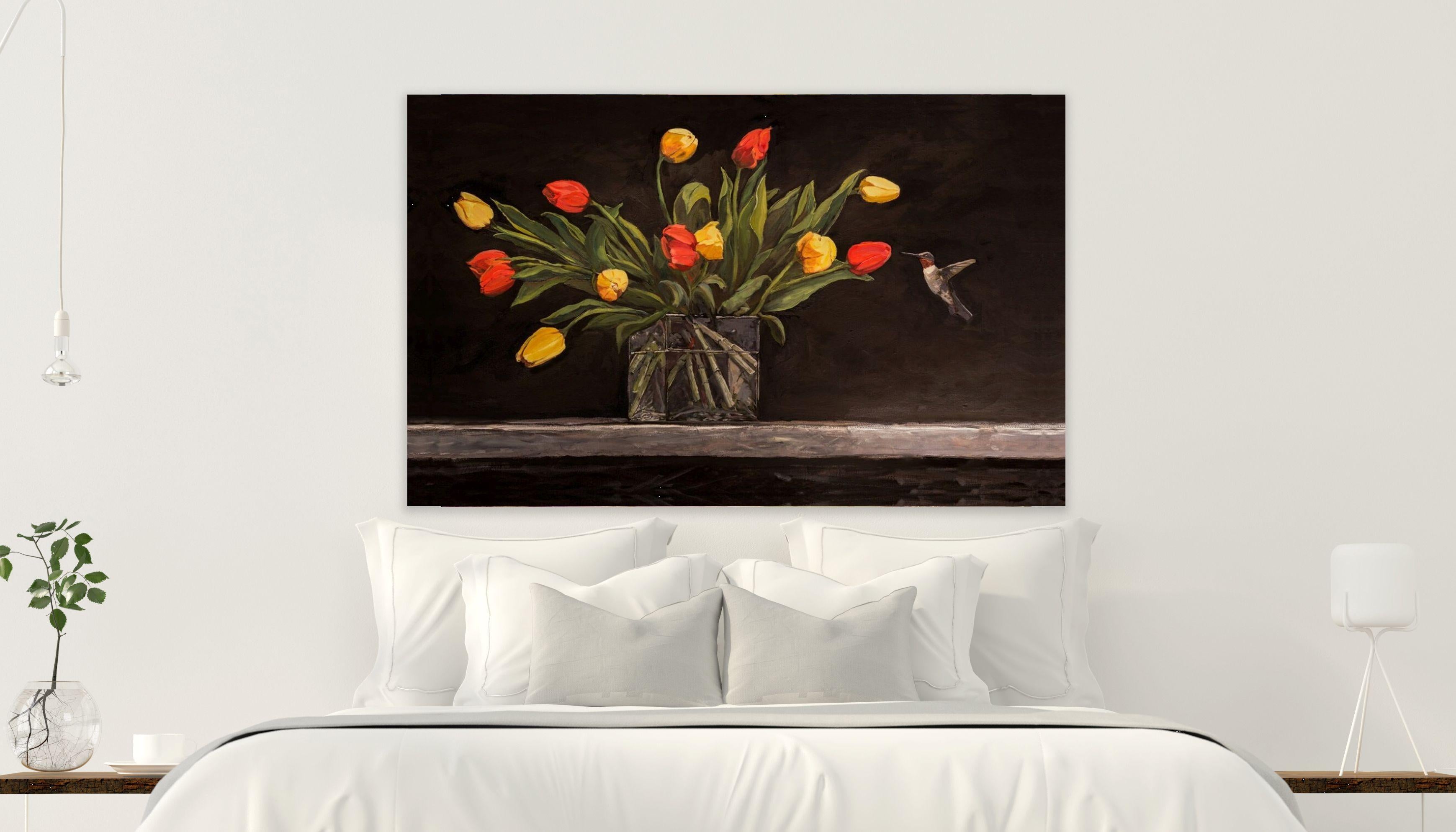 HUMMINGBIRD AND TULIPS, Fine Art with Artist Hand Embellished on Giclee Canvas - Painting by John Beard