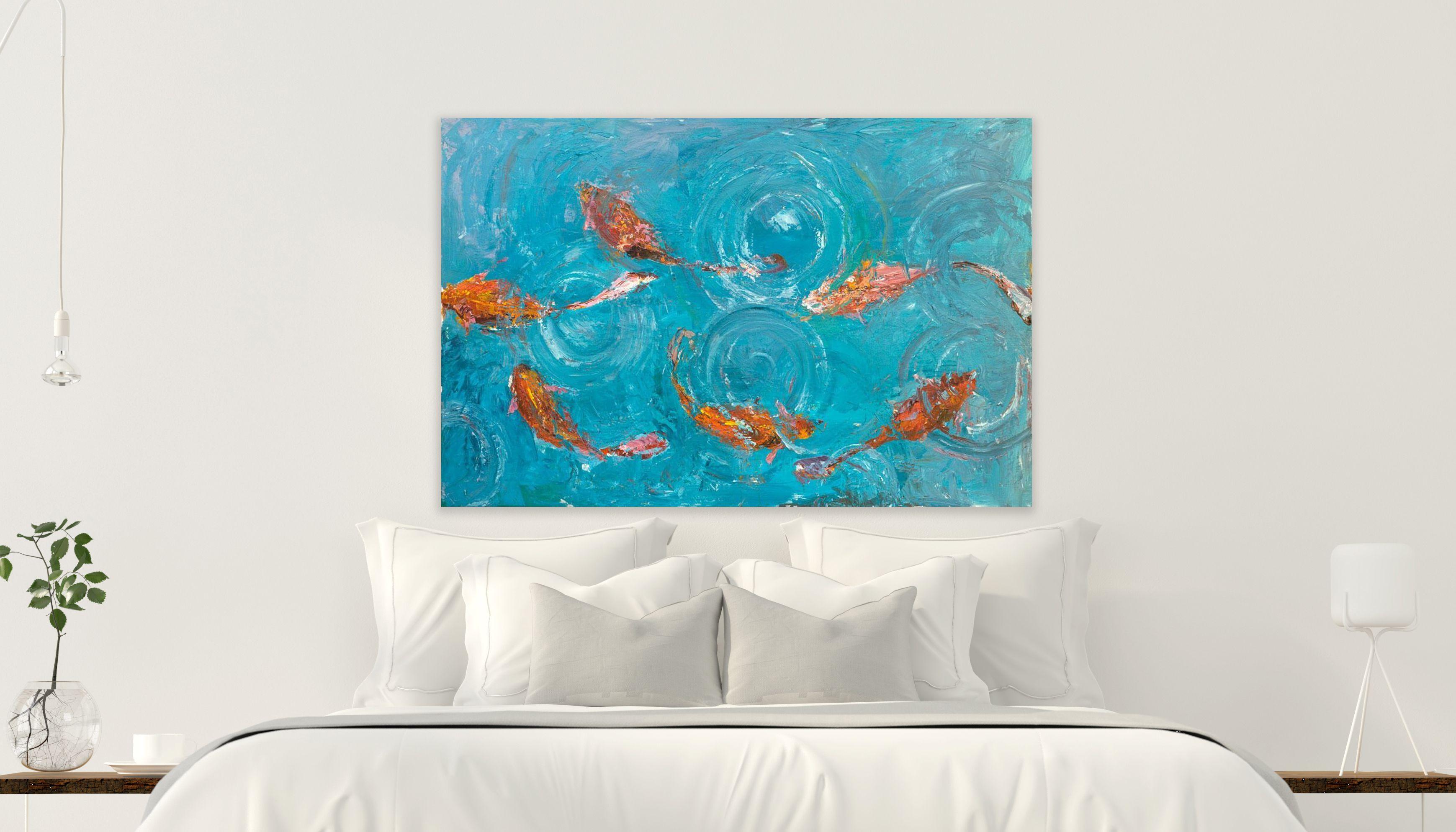 KOI POND, Fine Art with Artist Hand Embellished on Giclee Canvas: 36
