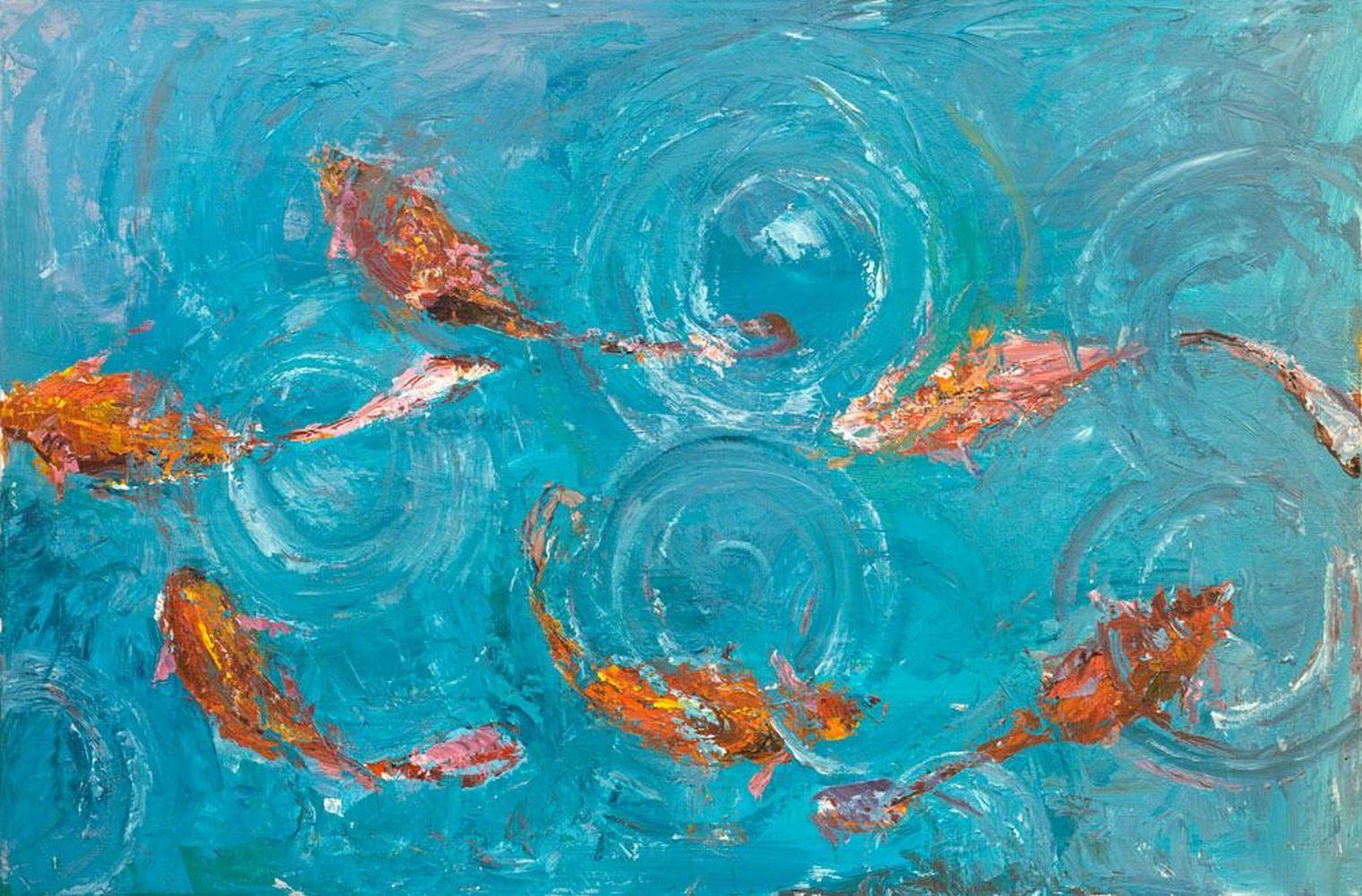 John Beard Abstract Painting - KOI POND, Fine Art with Artist Hand Embellished on Giclee Canvas: 36"H x 48"W