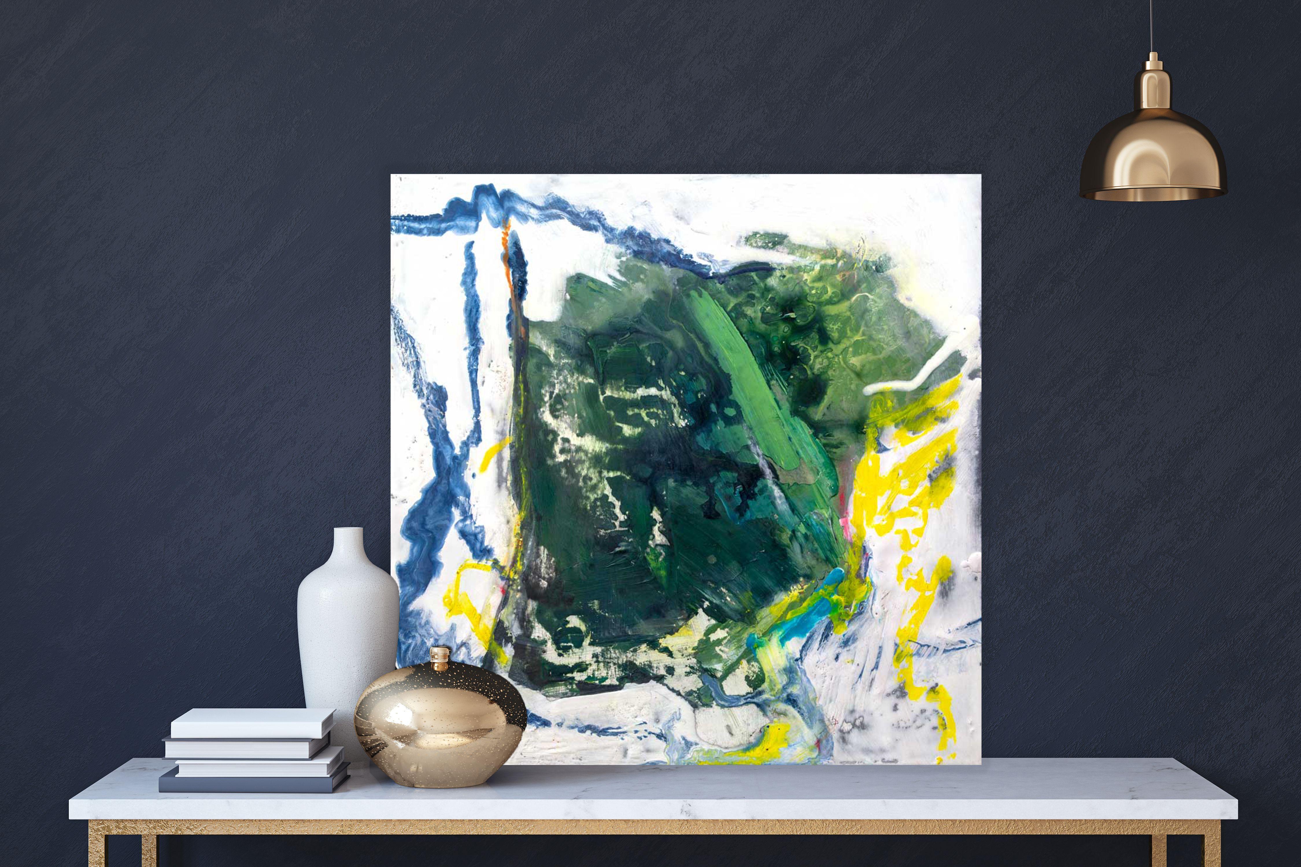 This Contemporary Bold Blue Green Paint is a fine art reproduction with artist hand embellishments of an original hand-painted painting by living American artist John Beard. This piece is made to order in John’s Studio, by John and staff just for