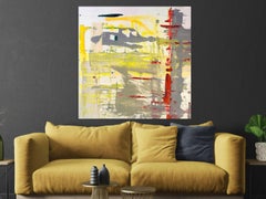 RED YELLOW GREY ABSTRACT, Painting Fine Art on Giclee Canvas: 40"H x 40"W