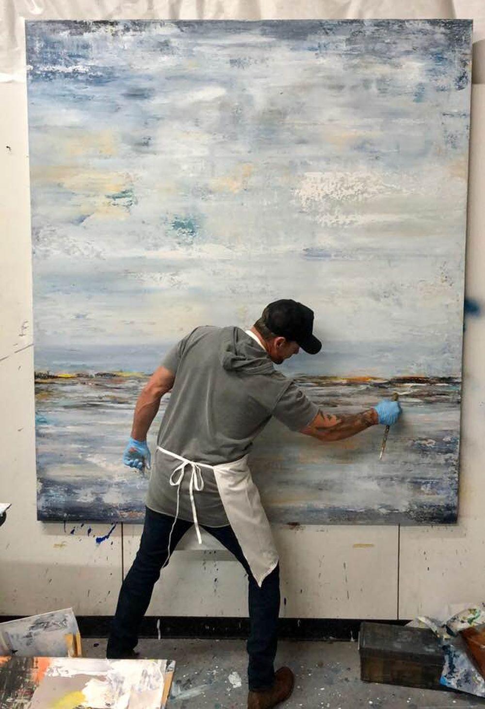BIG BLUE, Fine Art with Artist Hand Embellished on Giclee Canvas Made to Order - Gray Interior Painting by John Beard