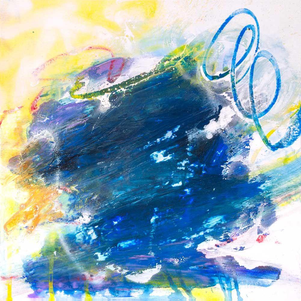 John Beard Abstract Painting - SAPPHIRE, Contemporary Blue and Yellow Fine Art on Giclee Canvas: 48"H x 48"W