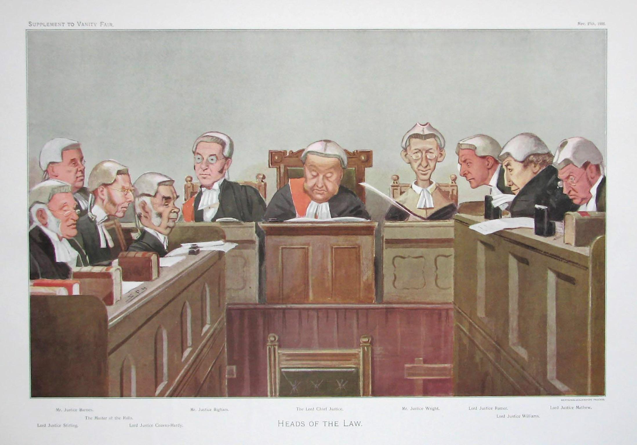 Sir Leslie Ward Figurative Print - Heads of the Law, Vanity Fair legal chromolithograph of judges, 1902