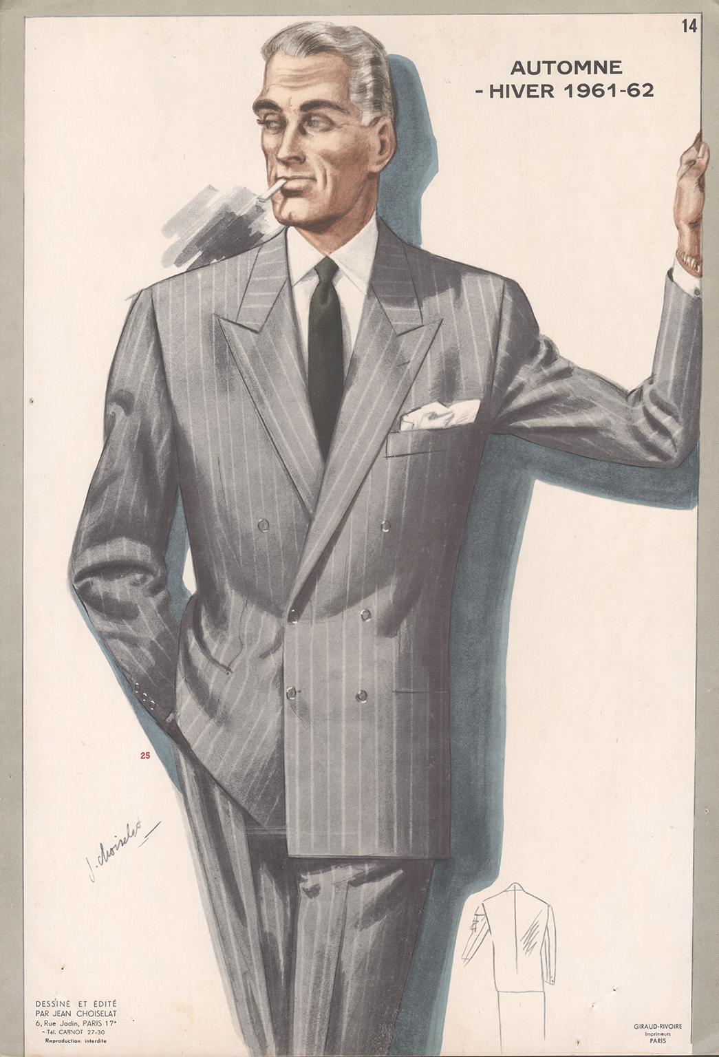 Jean Choiselat (designer) Figurative Print - French Men's Fashion Design Halftone Illustration, 1961-62. 
