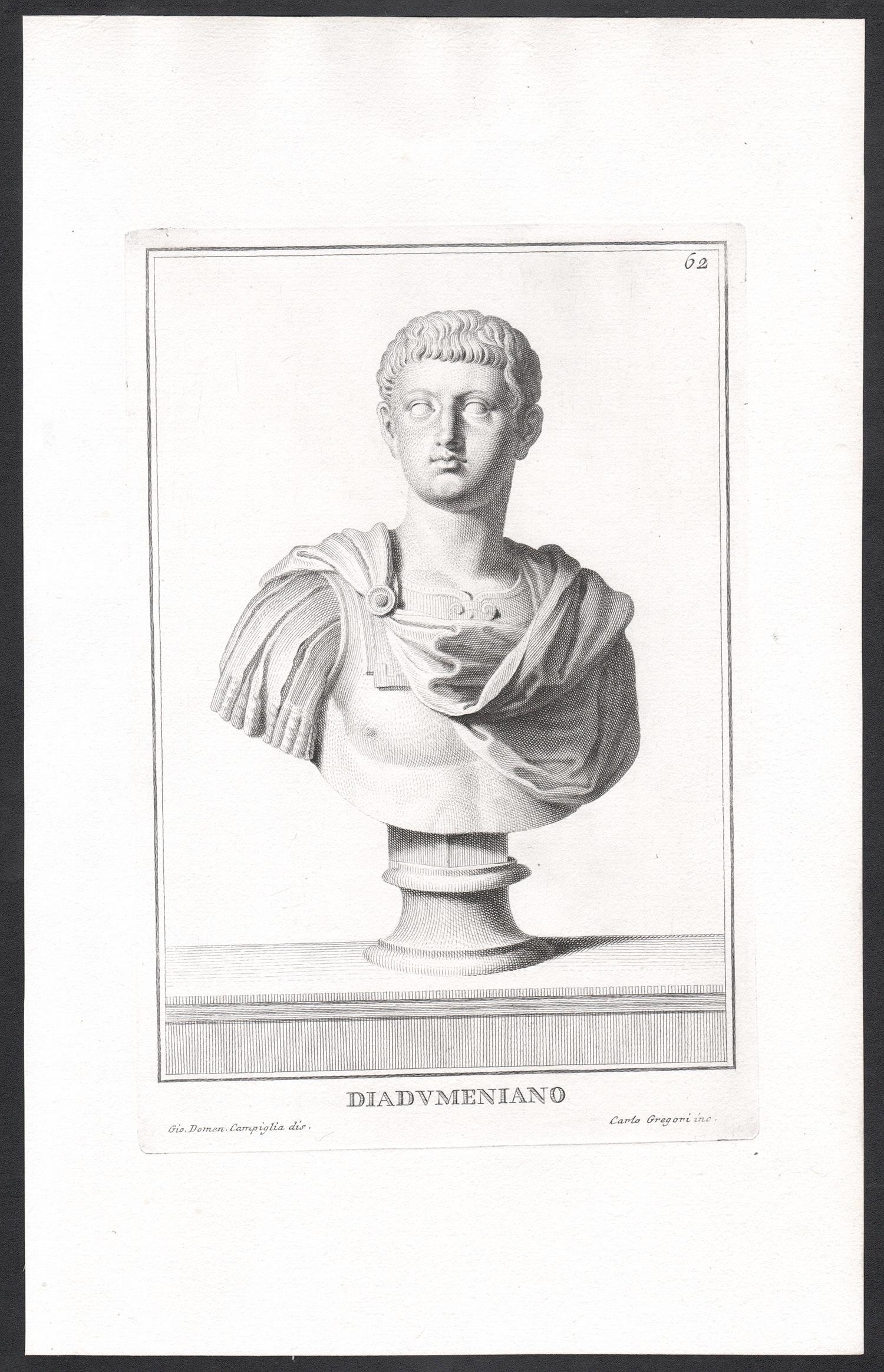Diadumeniano, Roman sculpture bust C18th Grand Tour engraving, c1750 - Print by Carlo Gregori after Giovanni Domenico Campiglia
