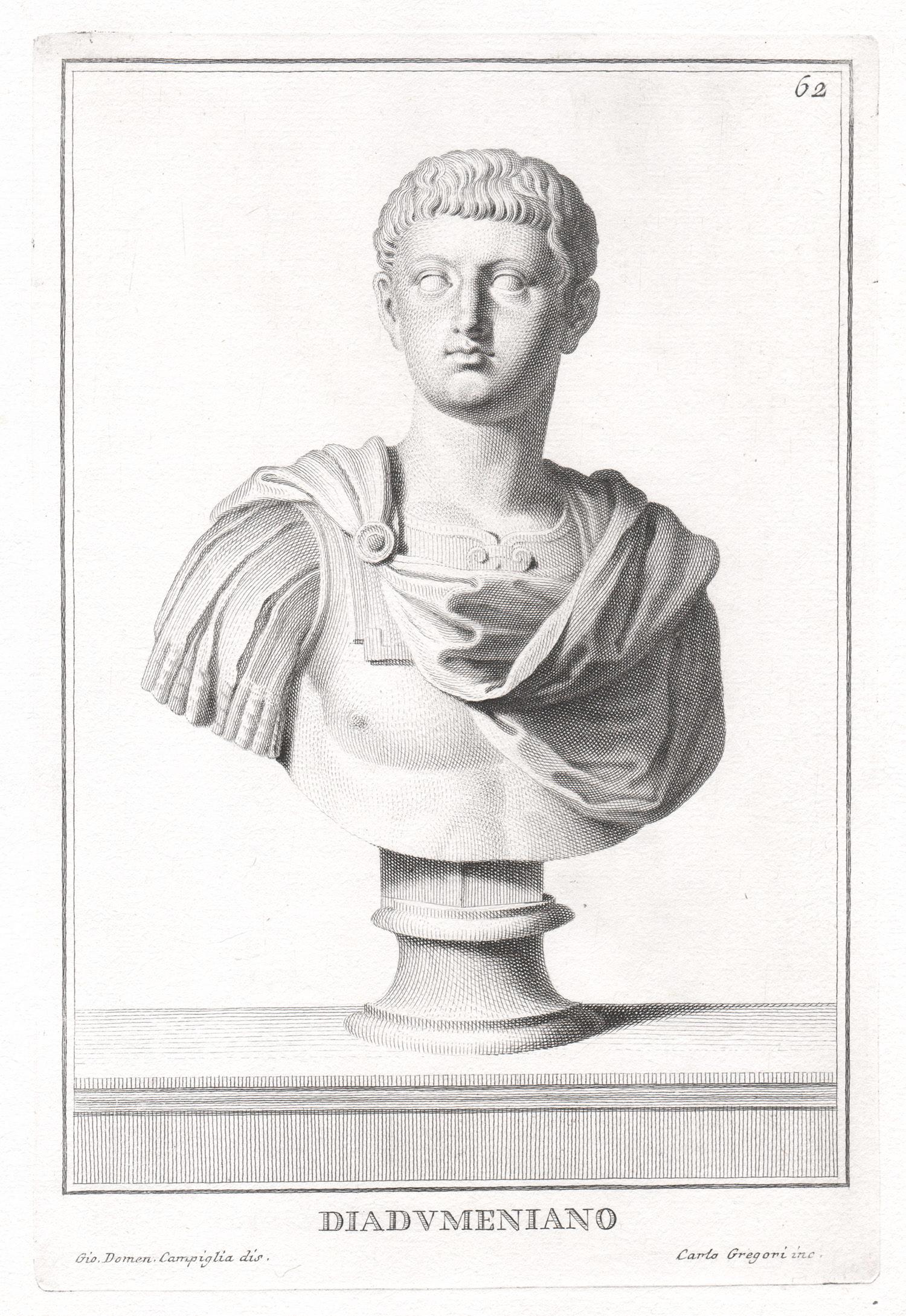 Carlo Gregori after Giovanni Domenico Campiglia Print - Diadumeniano, Roman sculpture bust C18th Grand Tour engraving, c1750