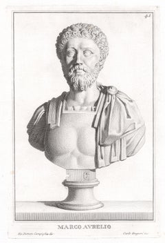 Marco Aurelio, Roman sculpture bust C18th Grand Tour engraving, c1750