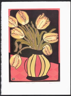 Tulips, Aileen Brown colour linocut, 2009