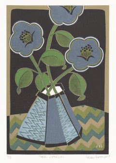 Three Camelias, Aileen Brown limited edition colour linocut, 2015