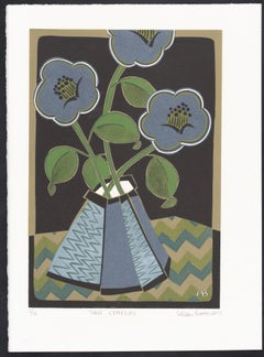 Three Camelias, Aileen Brown limited edition colour linocut, 2015