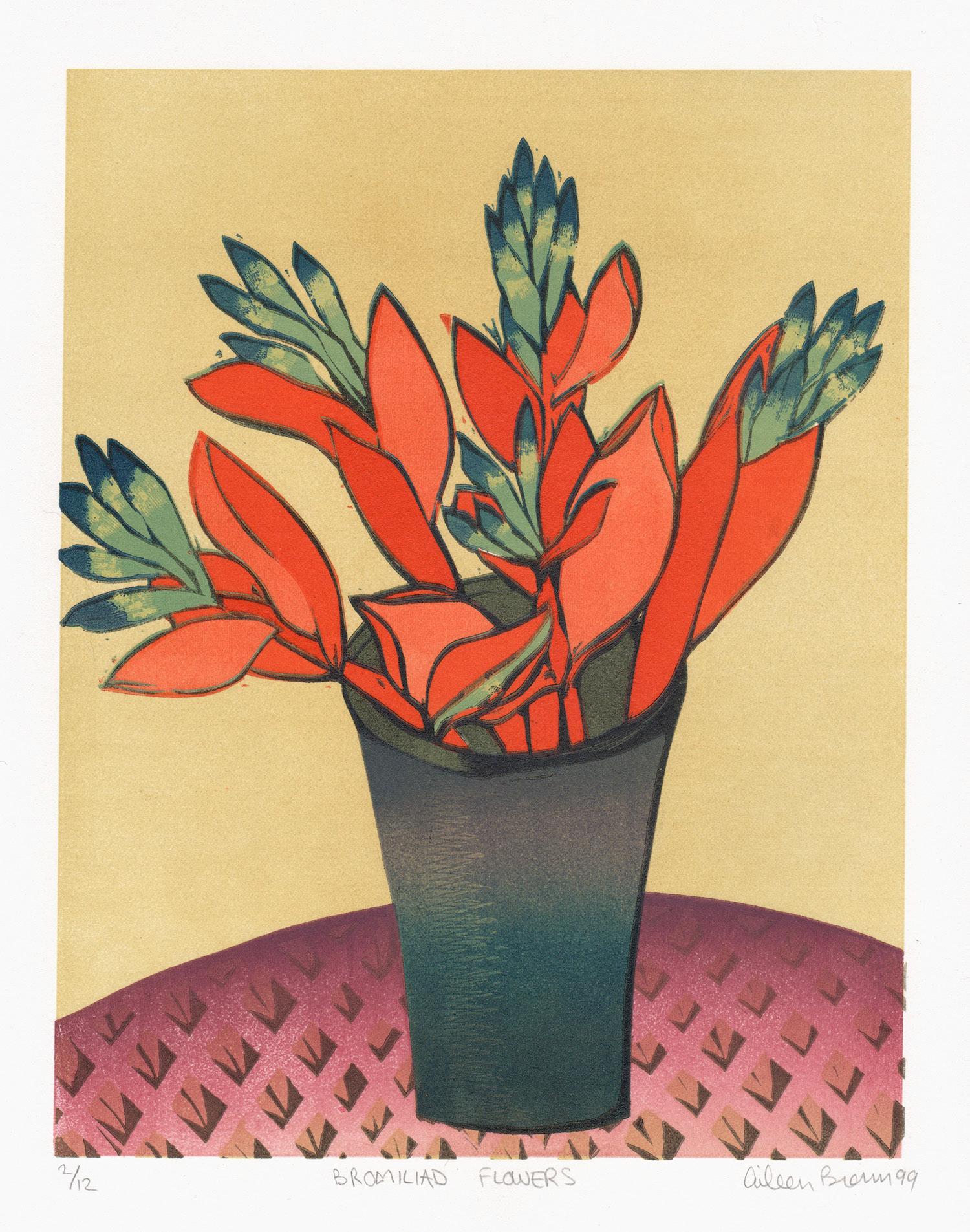 Bromeliad Flowers, Aileen Brown limited edition colour linocut, 1999