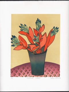 Bromeliad Flowers, Aileen Brown limited edition colour linocut, 1999