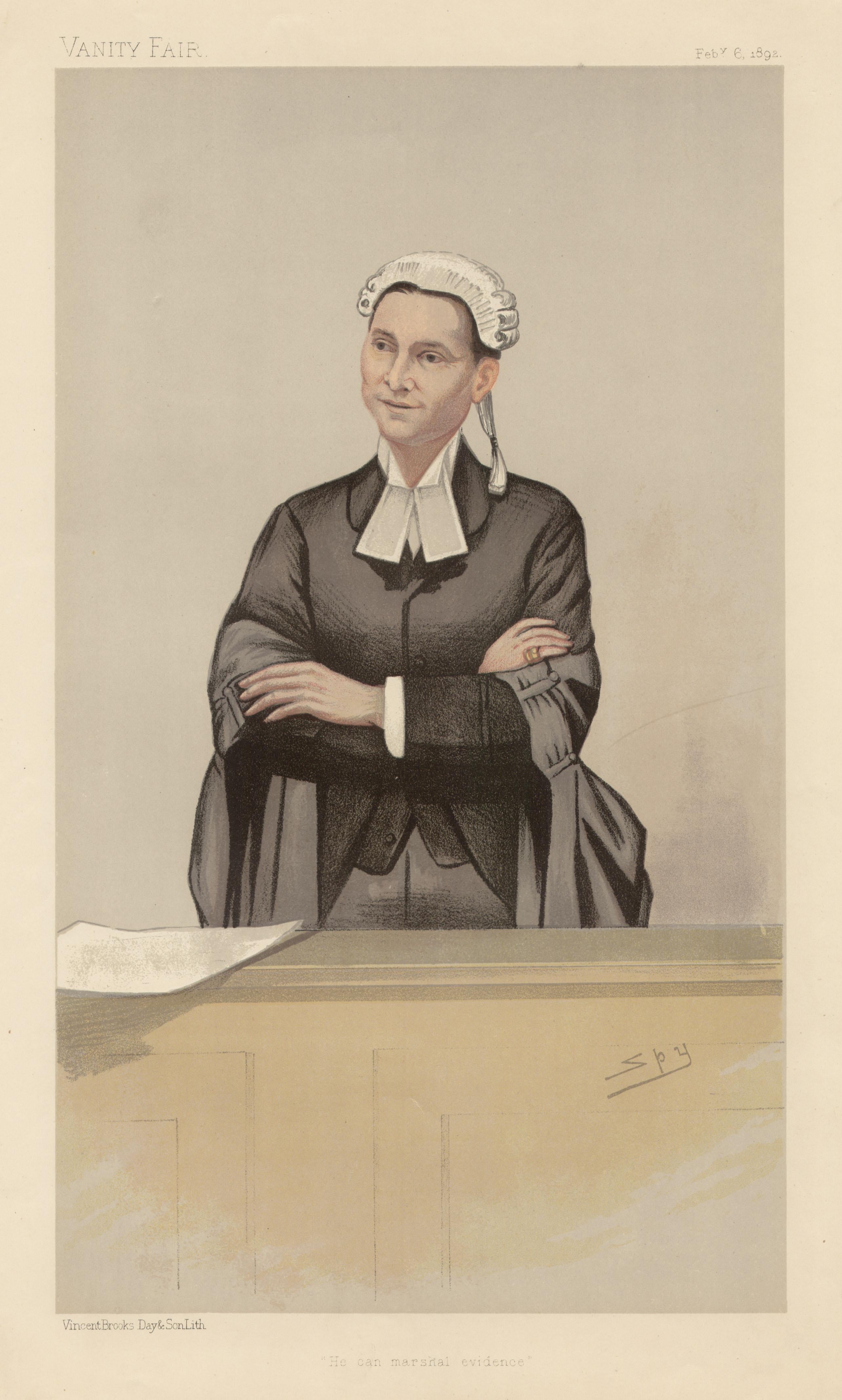 Sir Leslie Ward Figurative Print - He can marshal evidence, Vanity Fair legal chromolithograph of a judge, 1892
