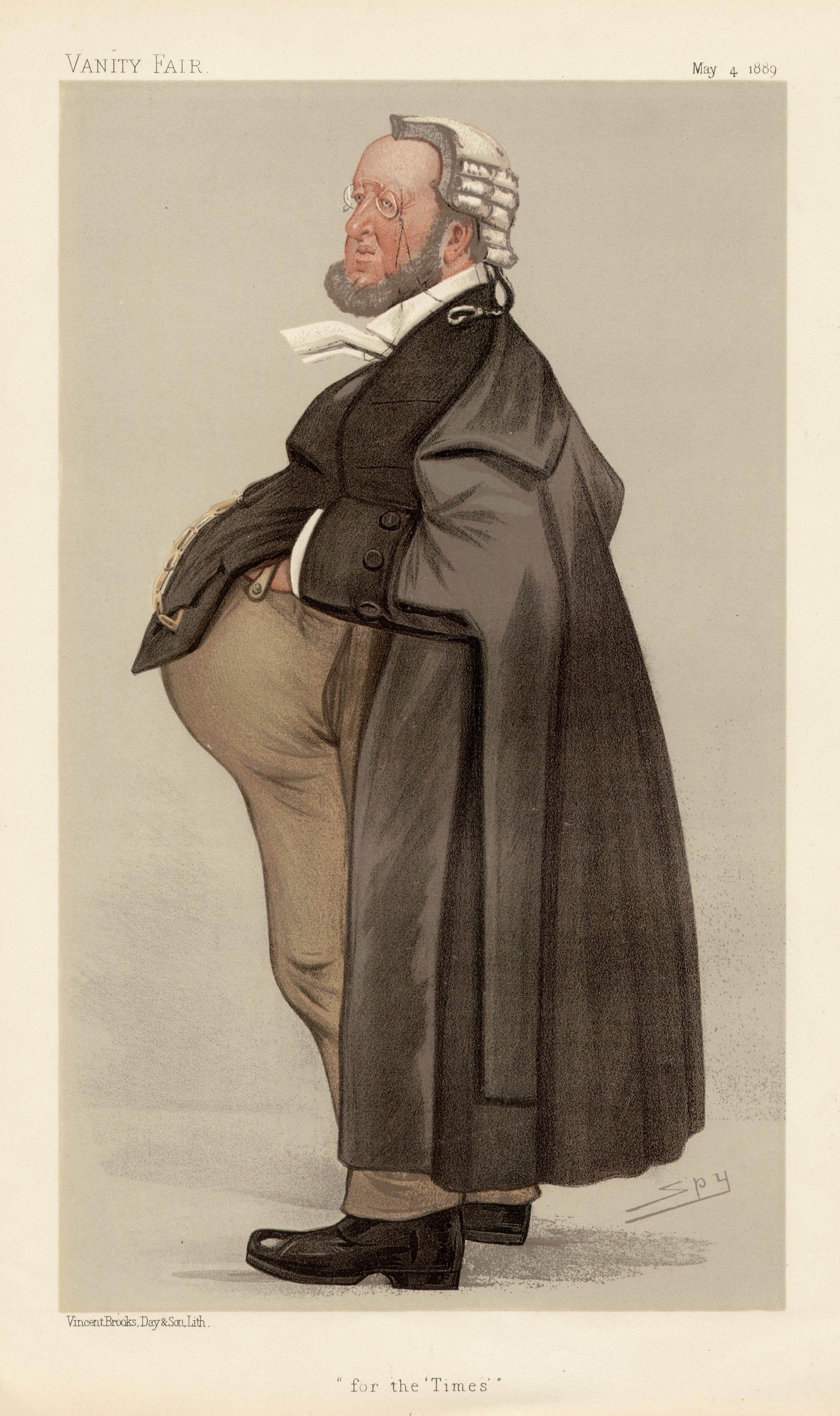 Sir Leslie Ward Figurative Print - For the 'Times', Vanity Fair legal chromolithograph of a judge, 1889