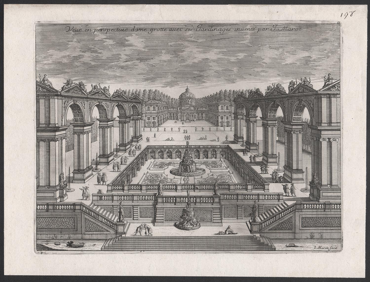 Incisione di Jean Marot del XVII secolo, circa 1665, dedicata al disegno di un giardino in vendita 1