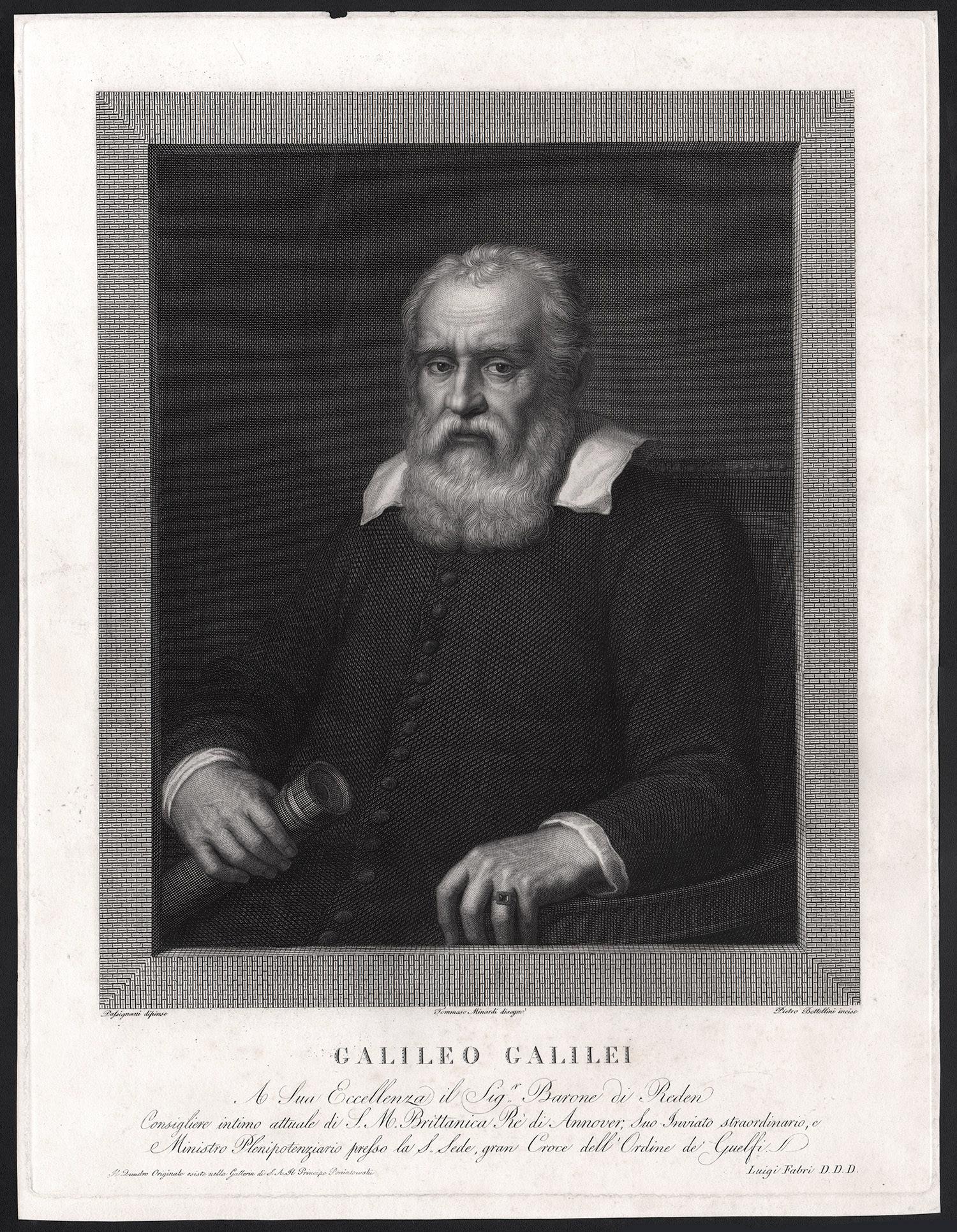 Galileo, ritratto astronomico scientifico della fine del XVIII secolo, stampa incisa