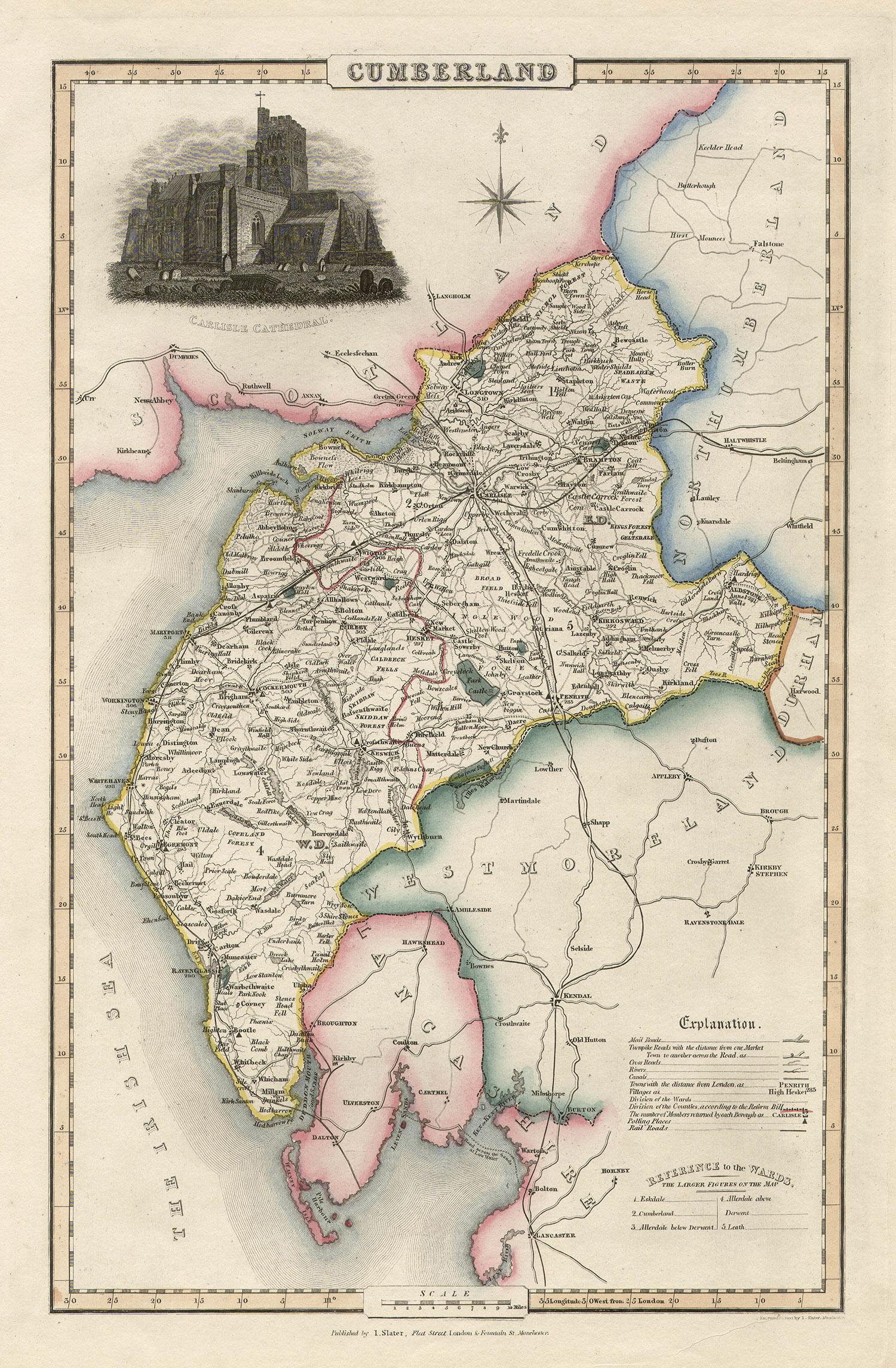 Landscape Print de Isaac Slater - Cumberland, Condado inglés Mapa antiguo, 1847