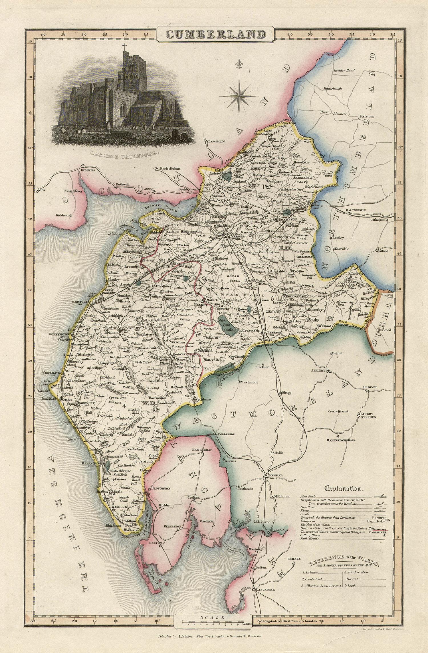 Isaac Slater Landscape Print - Cumberland, English County Antique map, 1847