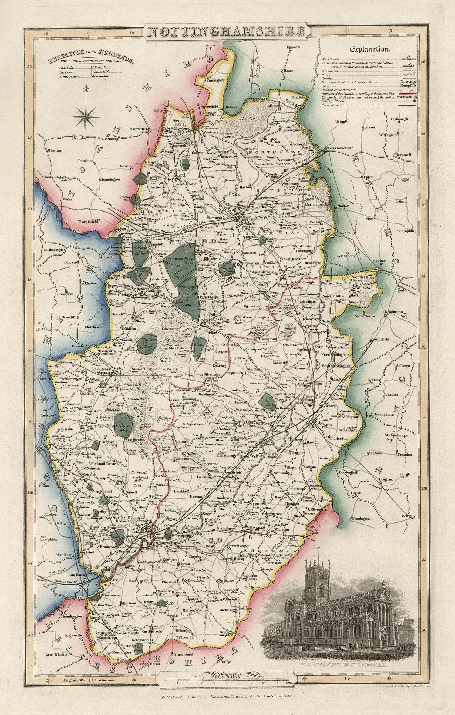 Isaac Slater Landscape Print - Nottinghamshire, English County Antique map, 1847